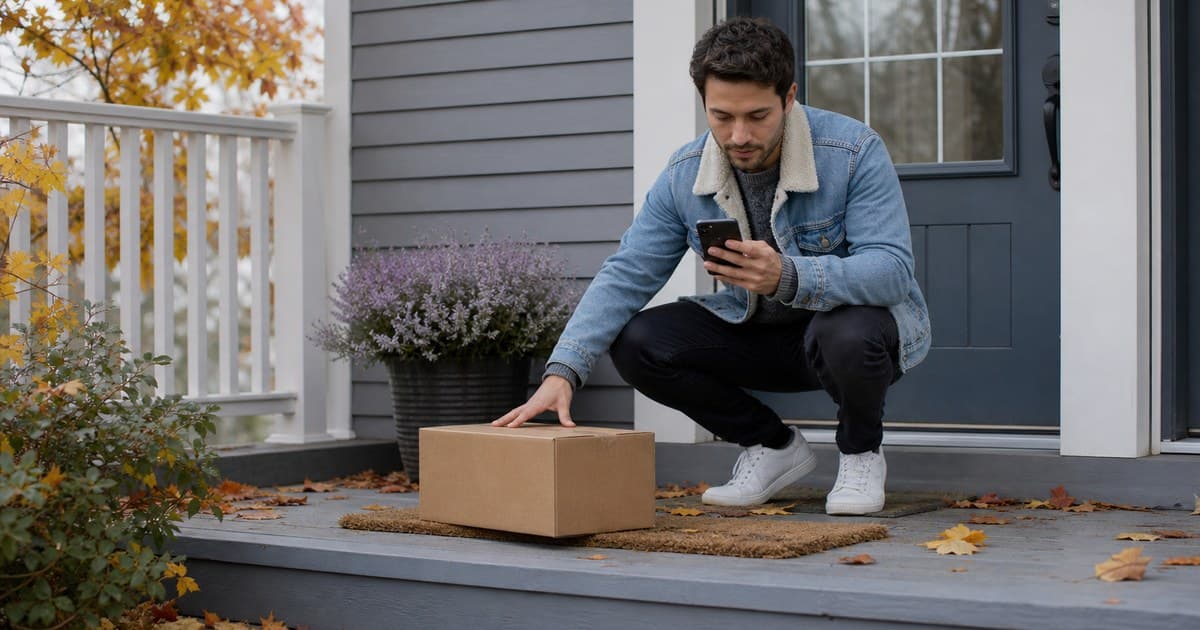 A man crouching on the front porch of his home picks up a delivered cardboard parcel, phone in hand.