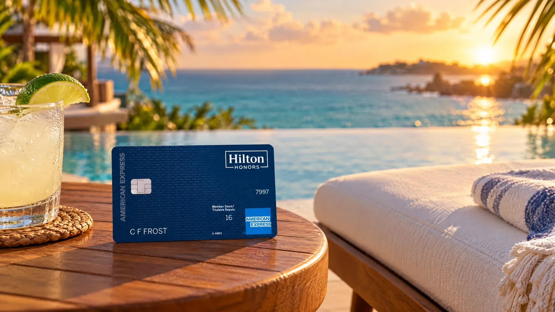 Carte Hilton Honors American Express bleu marine posée sur une table en bois au bord d'une piscine à débordement face à la mer, au coucher du soleil, à côté d'un cocktail à la lime