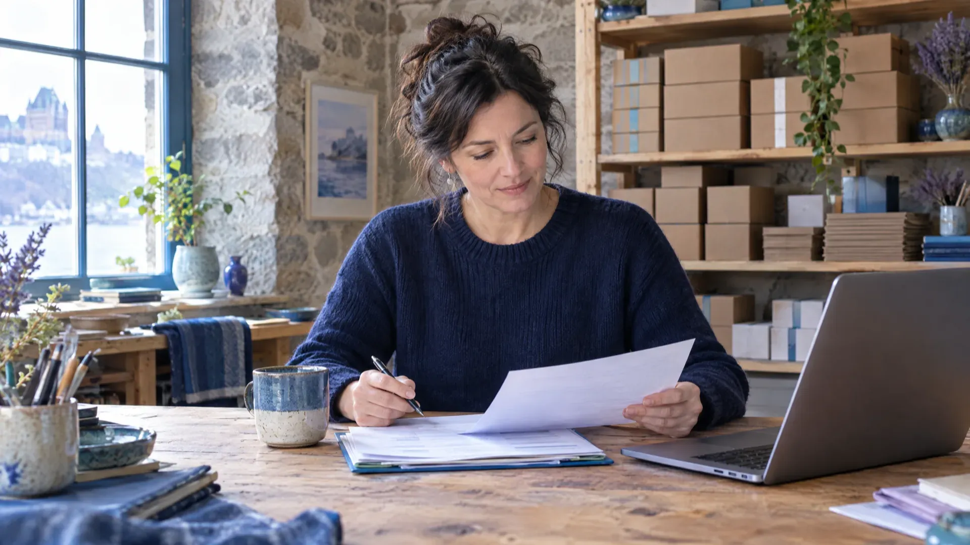 Propriétaire de petite entreprise qui révise des documents à son atelier, à côté d'un ordinateur portable
