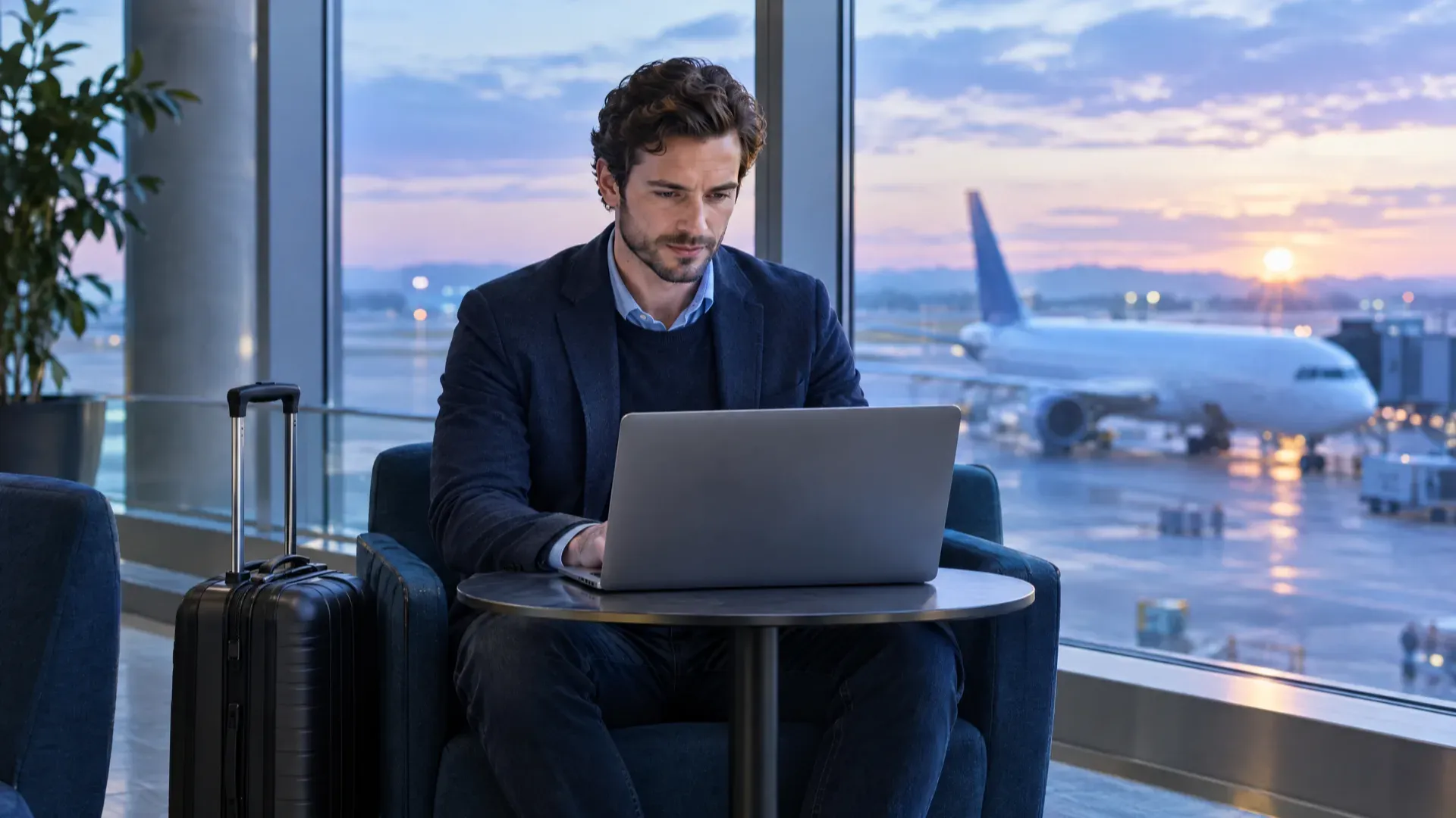 Entrepreneur qui travaille sur son ordinateur portable près d'une fenêtre d'aérogare, un avion sur le tarmac à l'aube