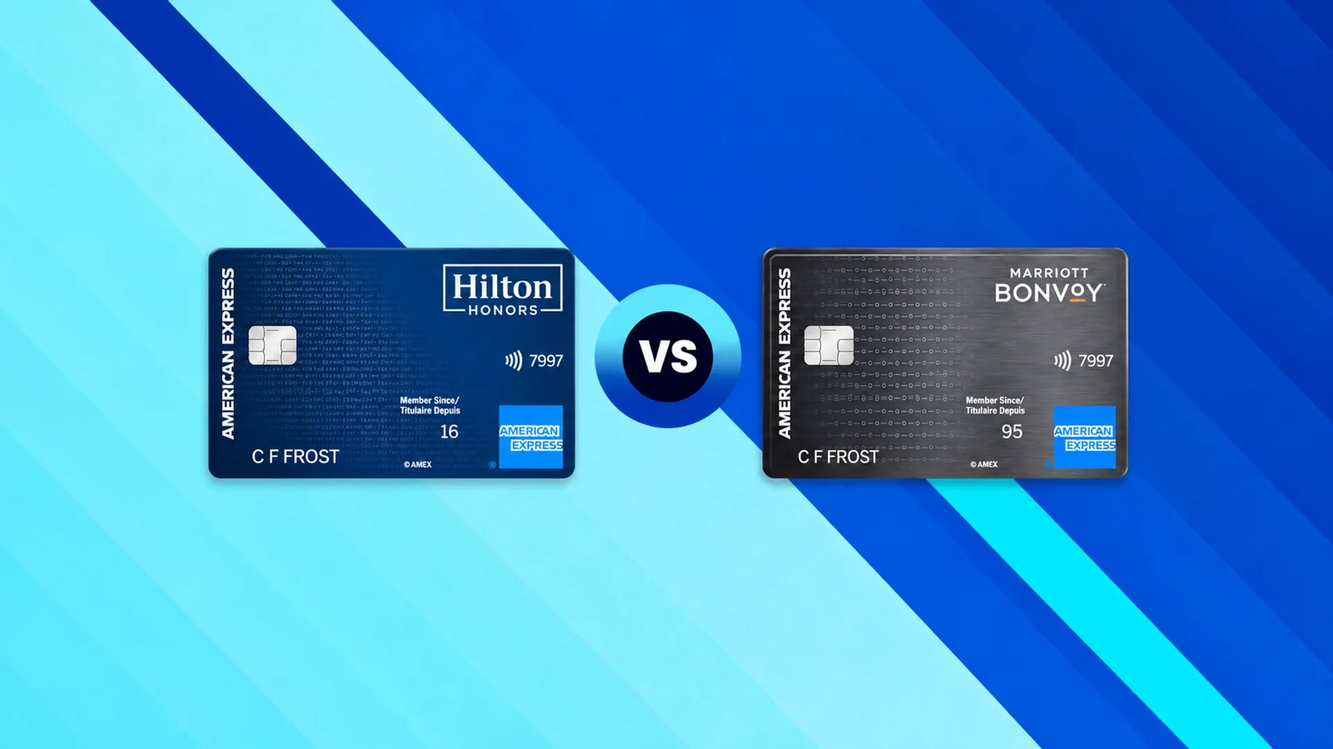 Canadian Hilton Honors and Marriott Bonvoy American Express cards facing each other around a VS symbol on a blue and cyan background.