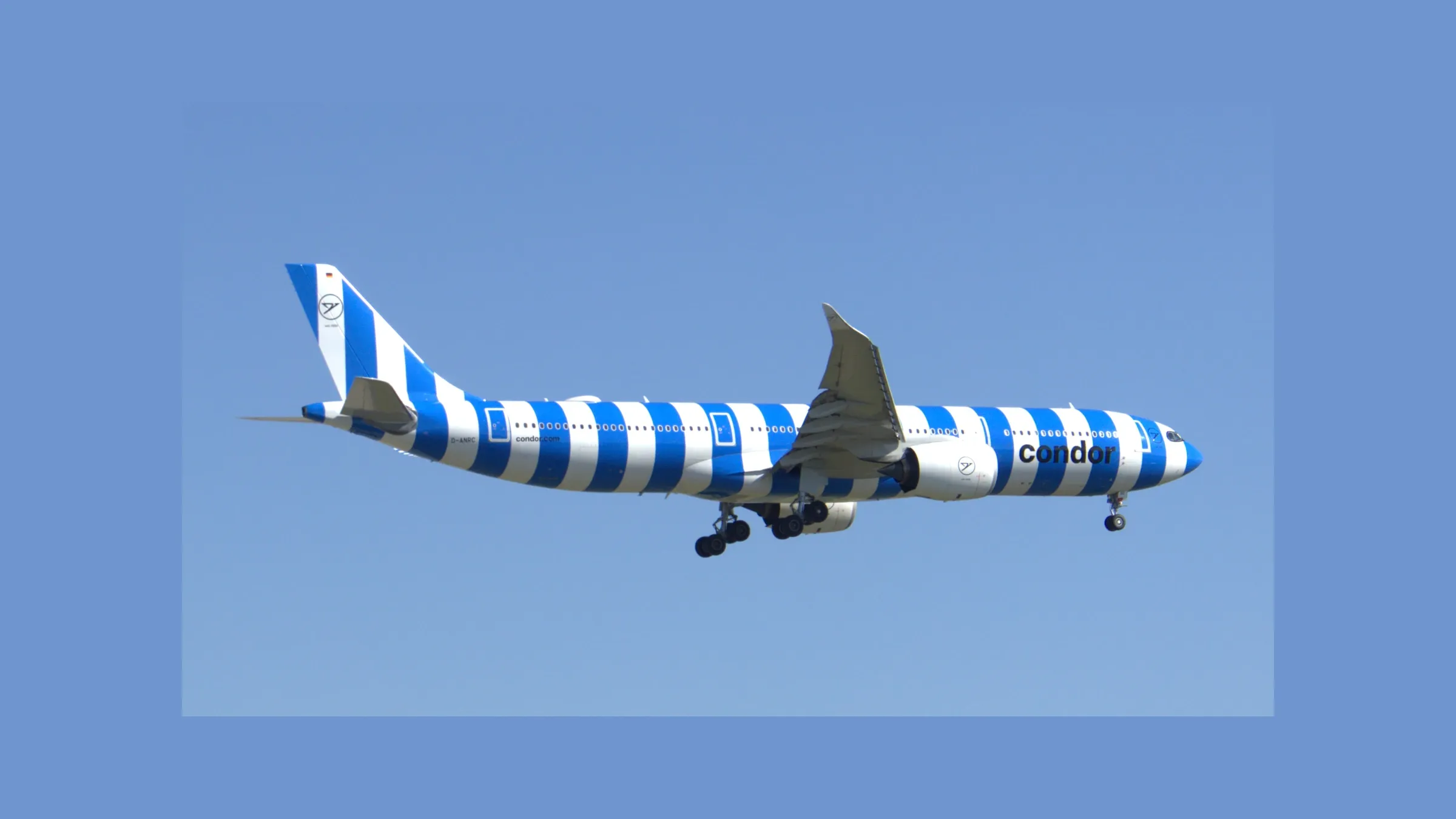 Condor Airbus A330-900neo D-ANRC on approach in its blue striped livery.