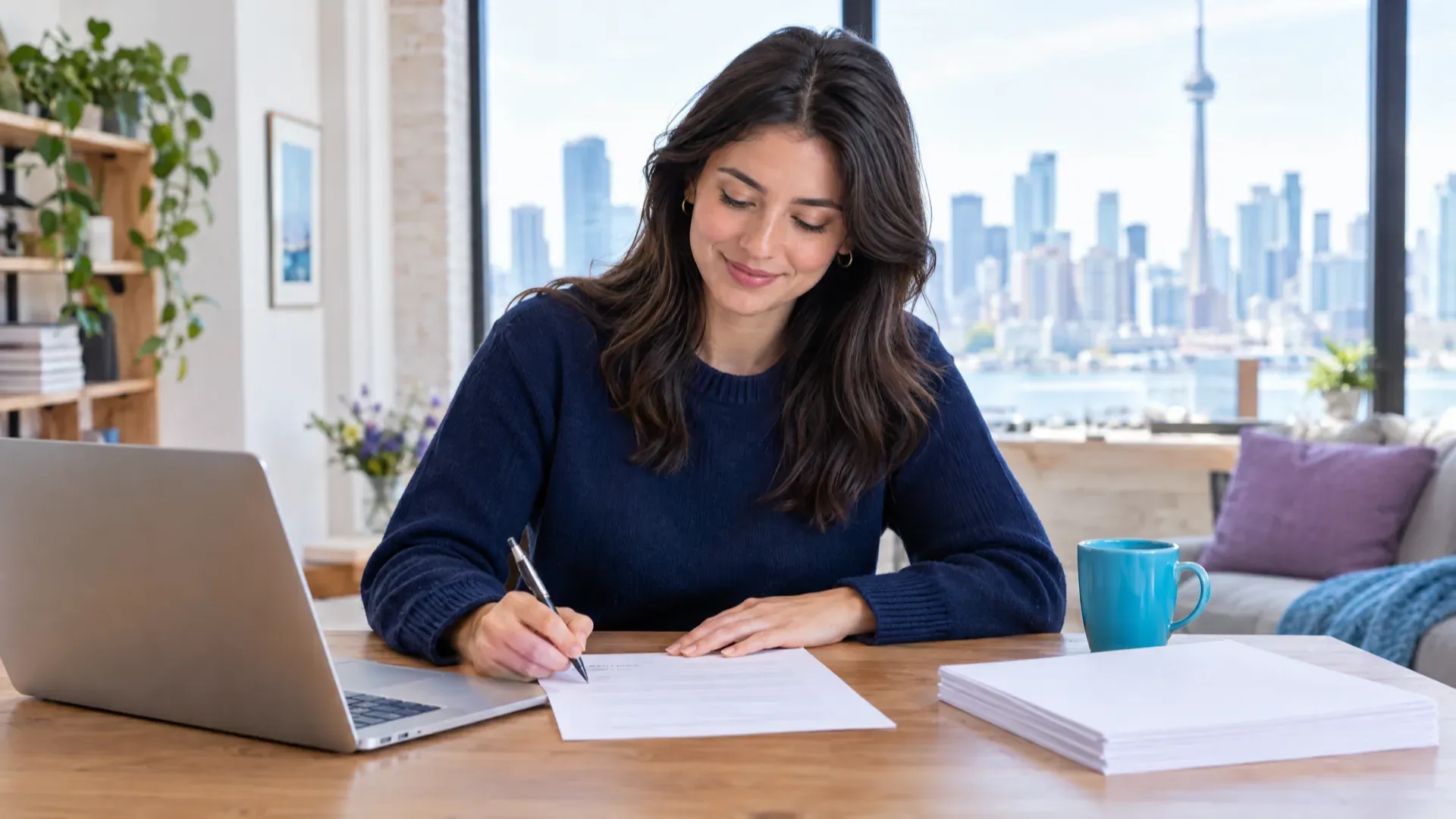 Jeune entrepreneur qui signe un formulaire à son bureau, à côté d'un ordinateur portable, avec les édifices d'une ville par la fenêtre