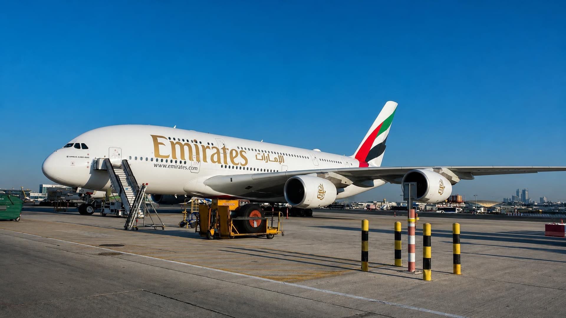 Emirates Airbus A380 parked on the apron at Dubai Airport under a blue sky, with mobile stairs and ground equipment beside the aircraft