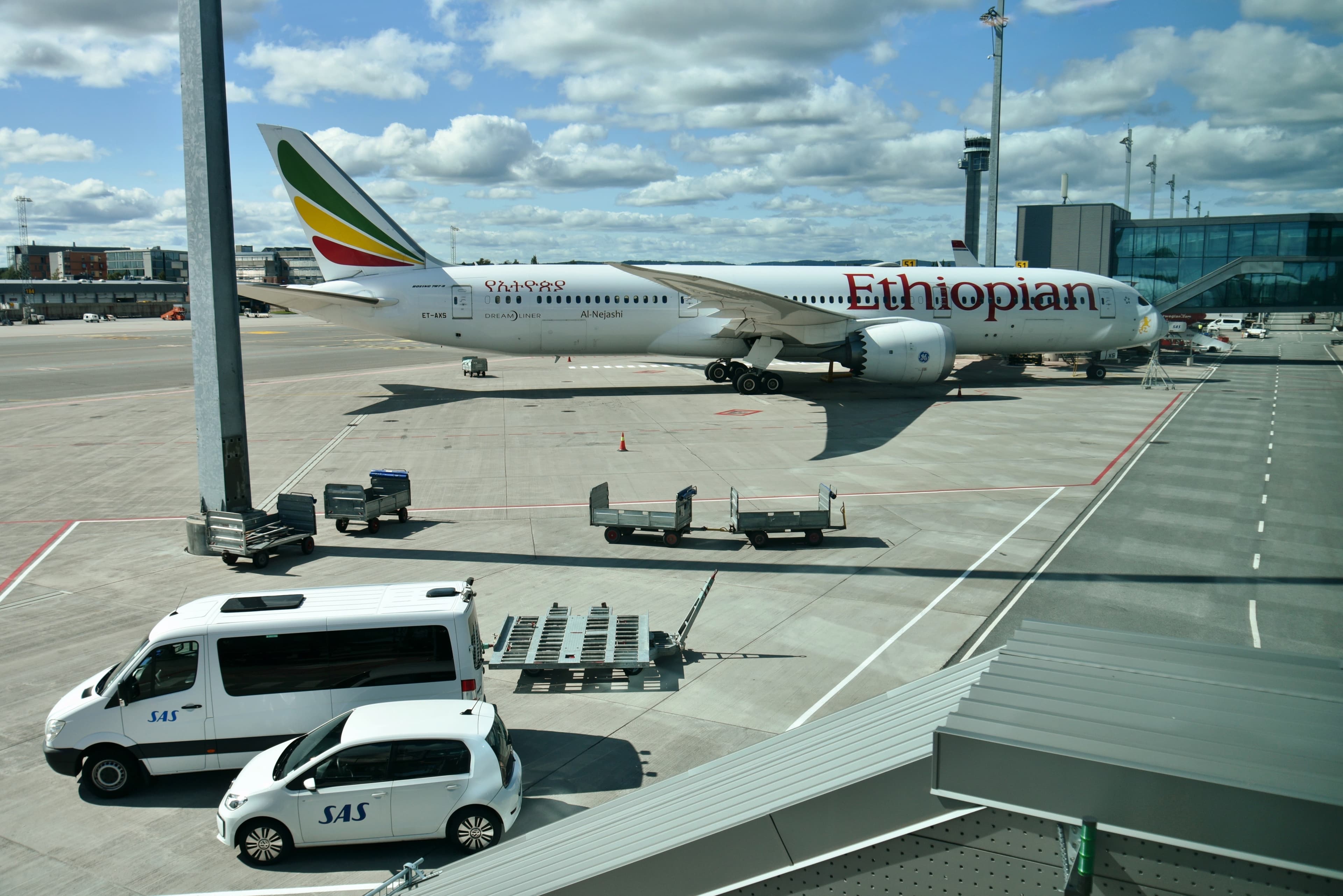 Ethiopian Airlines Boeing 787 parked at Oslo Airport.