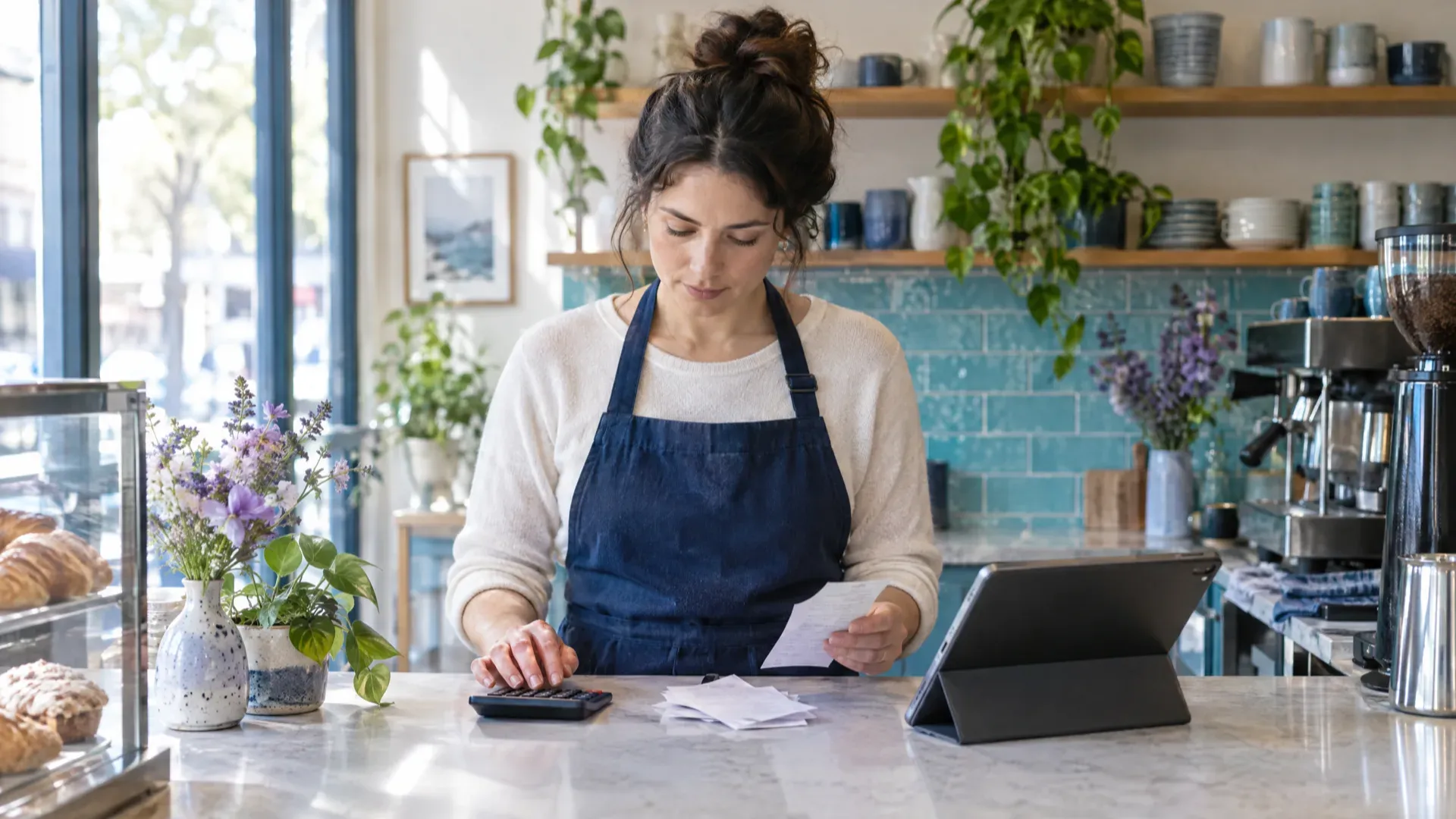 Coffee shop owner behind the counter checking receipts with a calculator and a tablet