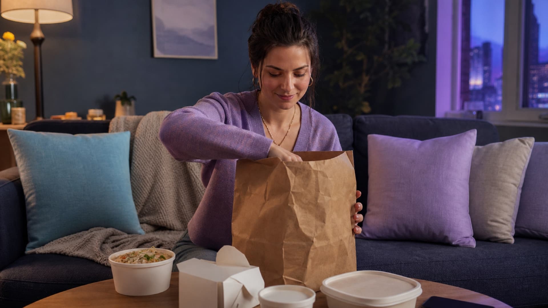 Woman on a living room couch opening a food delivery bag, with noodle containers on the coffee table in the evening