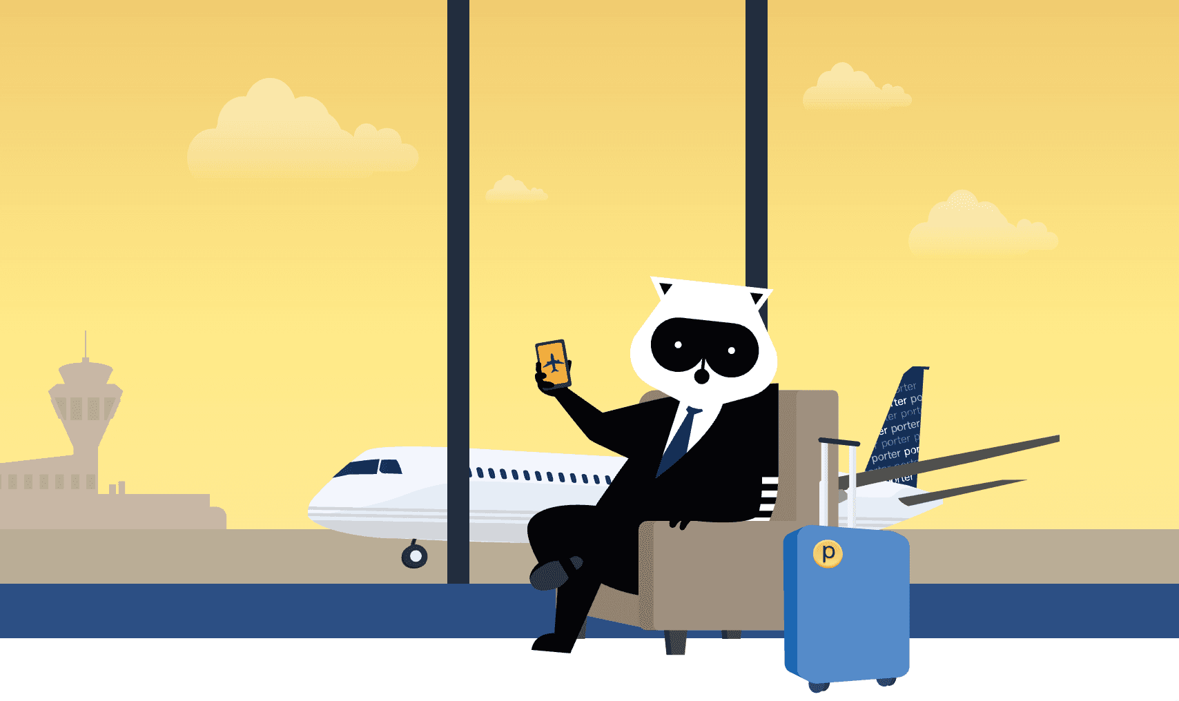 Illustration of a raccoon mascot in a business suit sitting at an airport gate with a phone, a Porter Airlines plane and a blue suitcase visible through the window