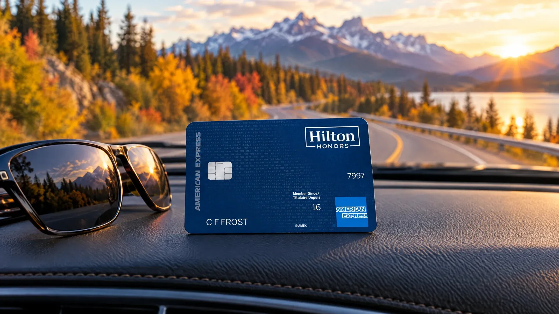 Illustration of a Hilton Honors American Express Card on a dashboard facing an autumn mountain road
