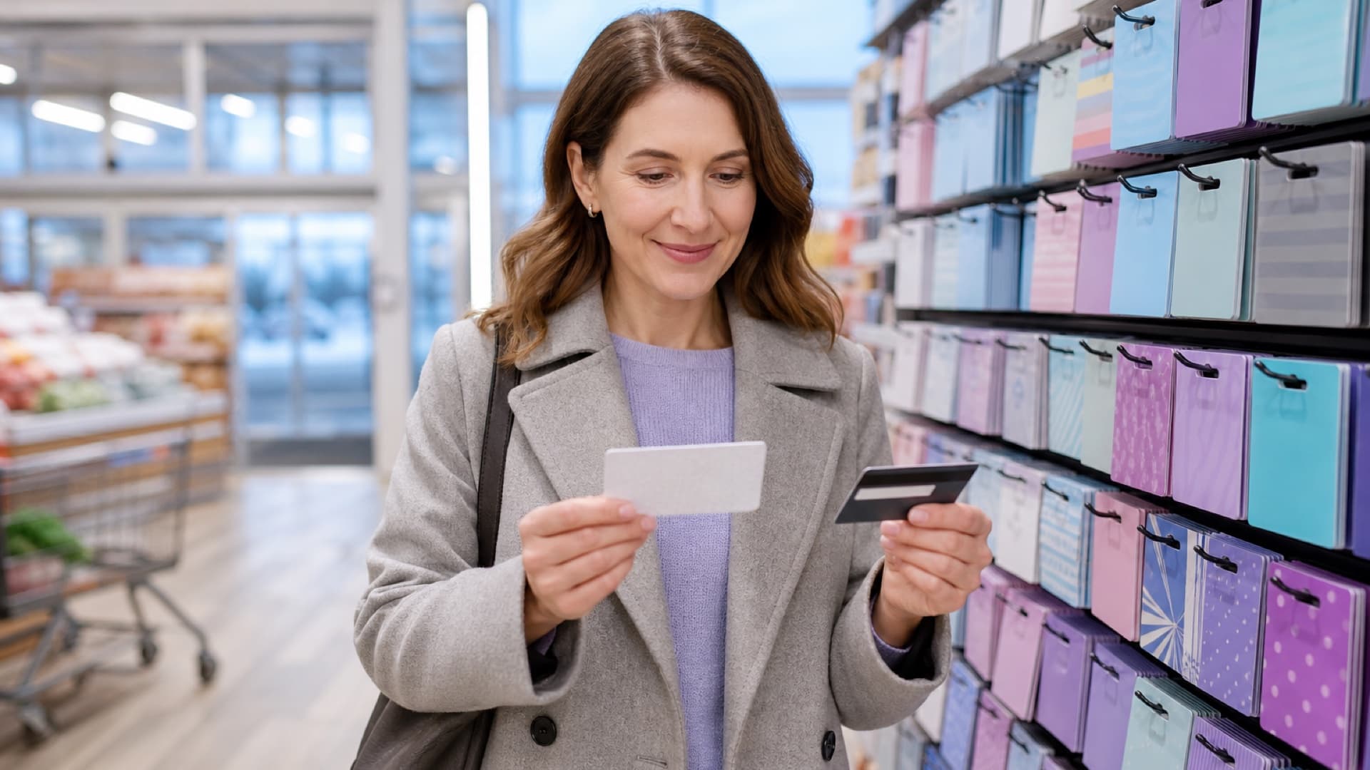 A woman compares a gift card and a credit card in front of a gift card display in a grocery store