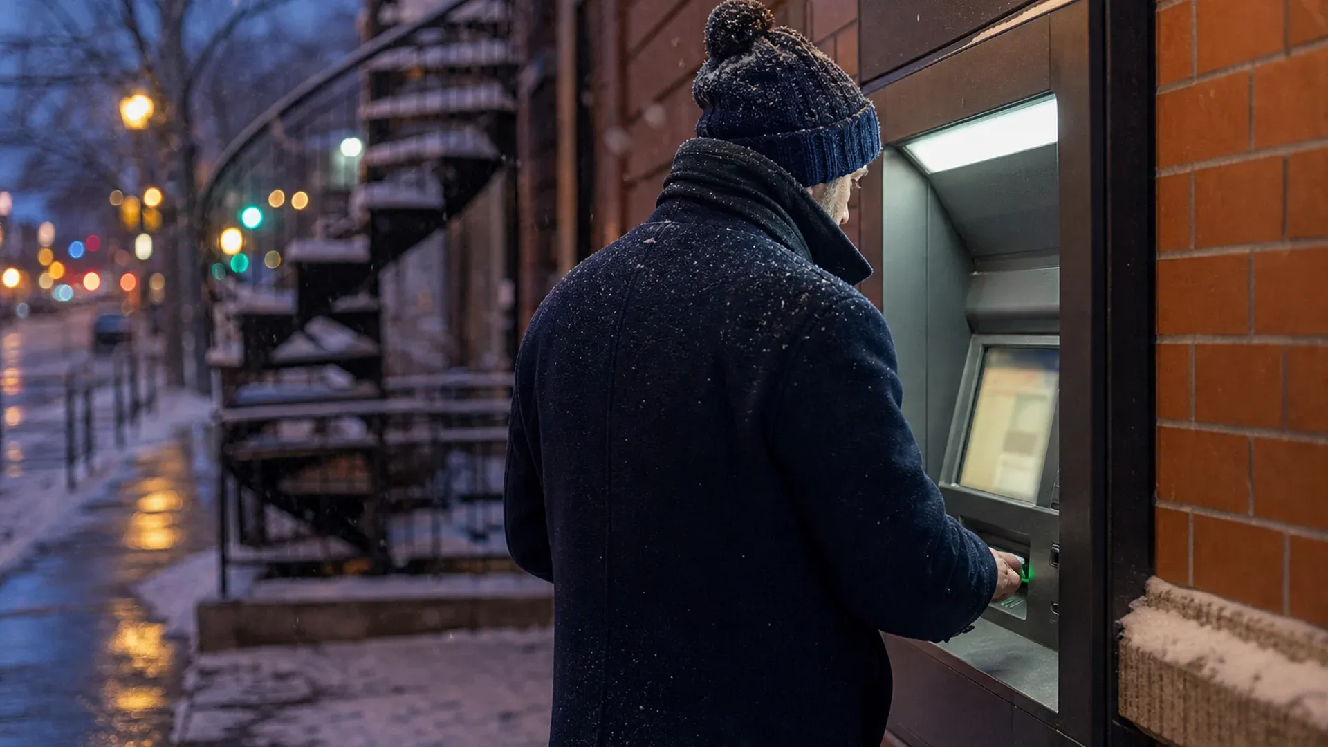 Homme en manteau et tuque qui retire de l'argent à un guichet automatique extérieur, un soir d'hiver enneigé dans une rue de Montréal bordée d'escaliers en colimaçon