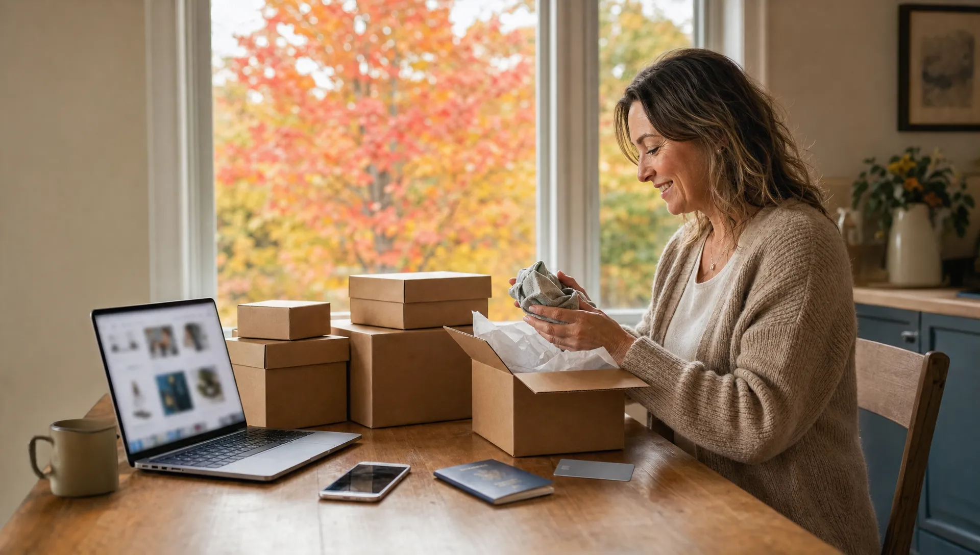 Une femme souriante déballe des colis de carton sur une table de cuisine, à côté d'un ordinateur portable, d'un téléphone, d'un passeport et d'une carte de crédit, devant une fenêtre aux couleurs d'automne.