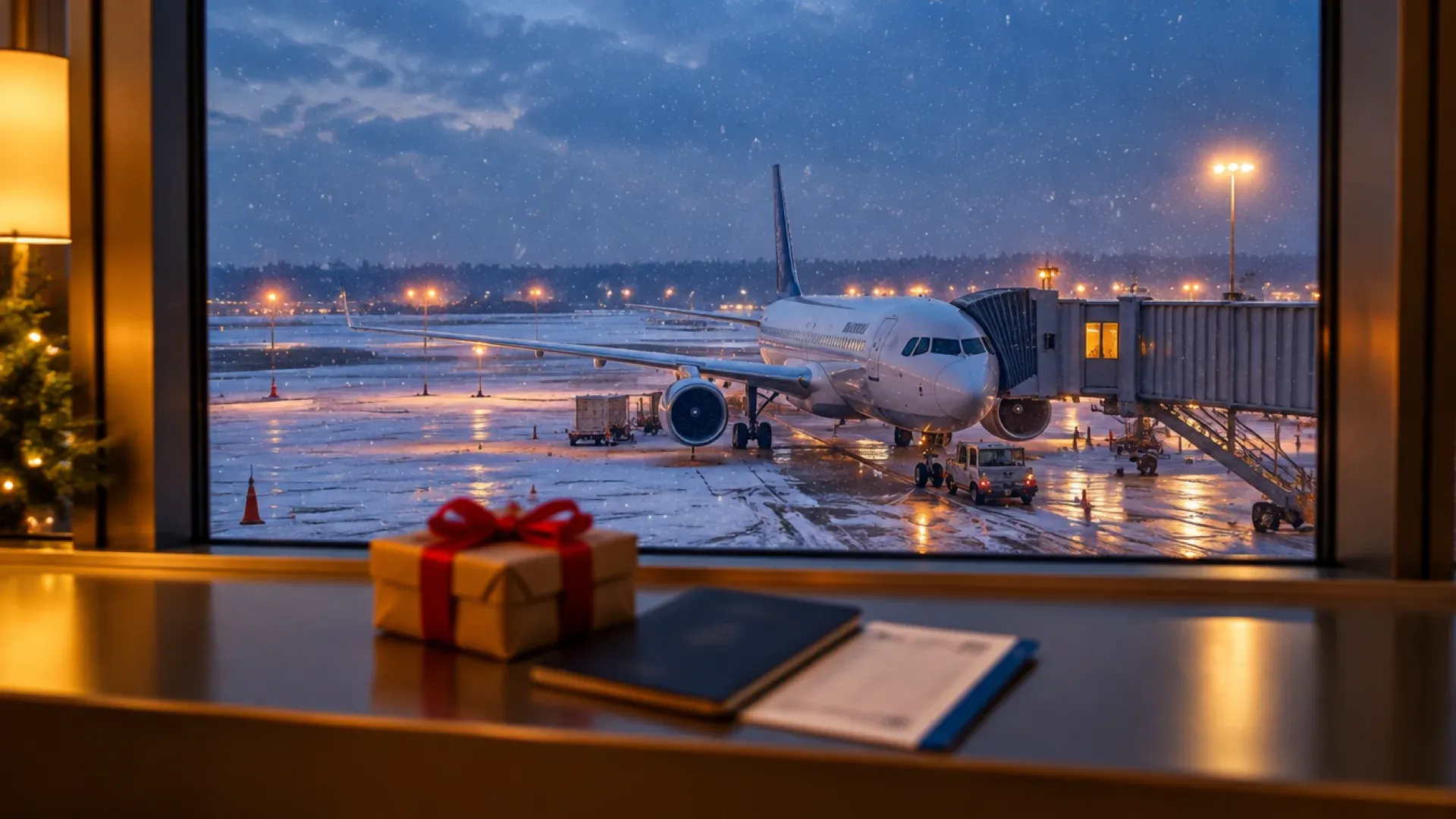 Avion stationné sur un tarmac enneigé au crépuscule, vu depuis une porte d'embarquement, avec un cadeau emballé, un passeport et une carte d'embarquement sur le rebord de la fenêtre