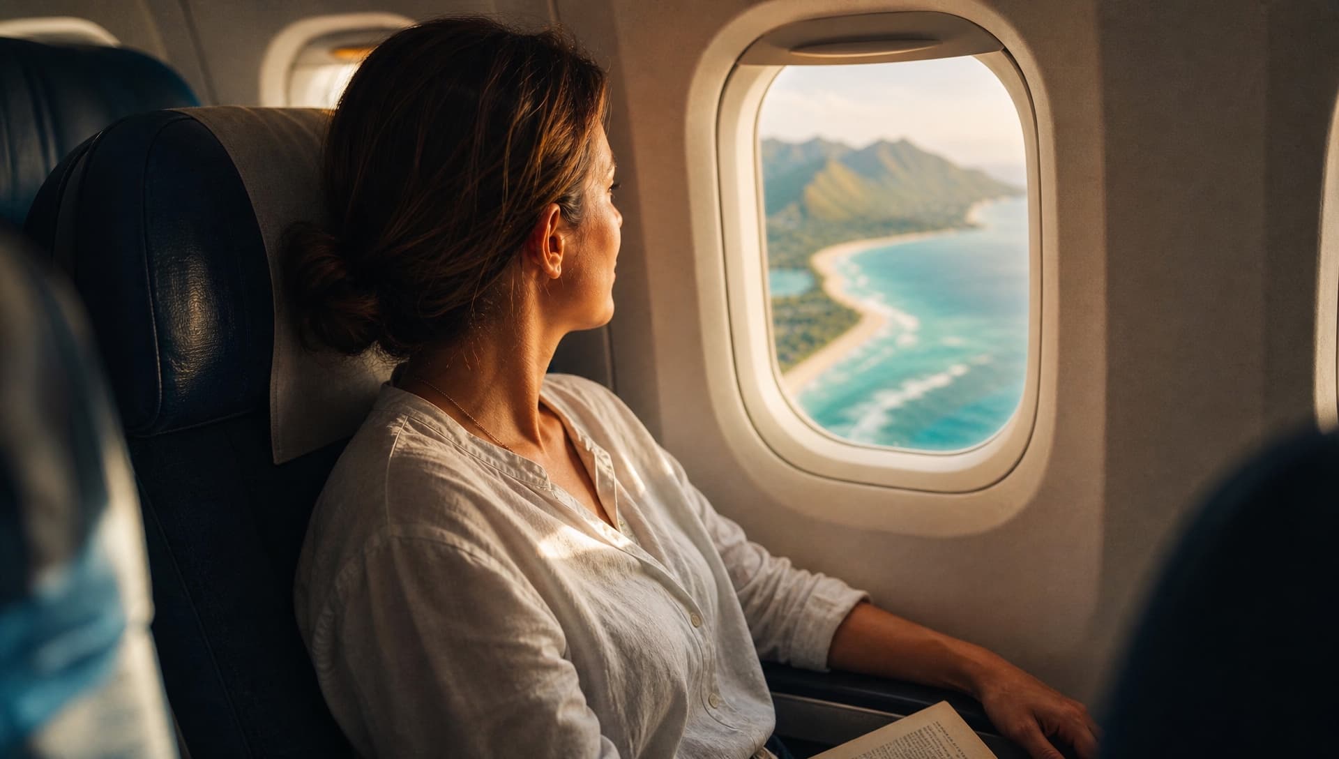 Une voyageuse assise côté hublot dans un avion tourne la tête vers une côte tropicale, sable blanc, eau turquoise et collines vertes, à la lumière dorée de fin de journée.