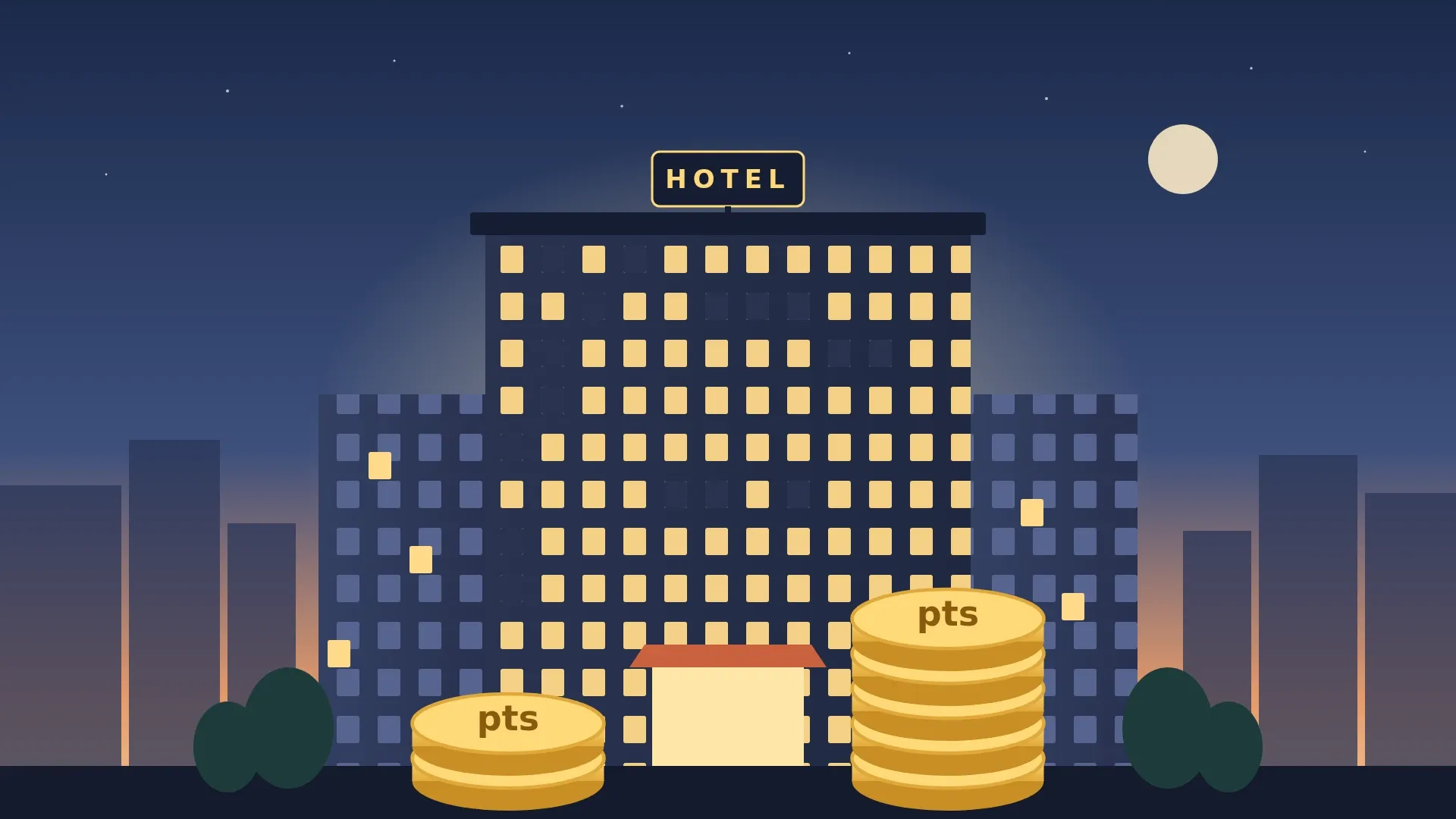 Illustration d'un hôtel illuminé au crépuscule, avec deux piles de pièces dorées marquées « pts » au premier plan