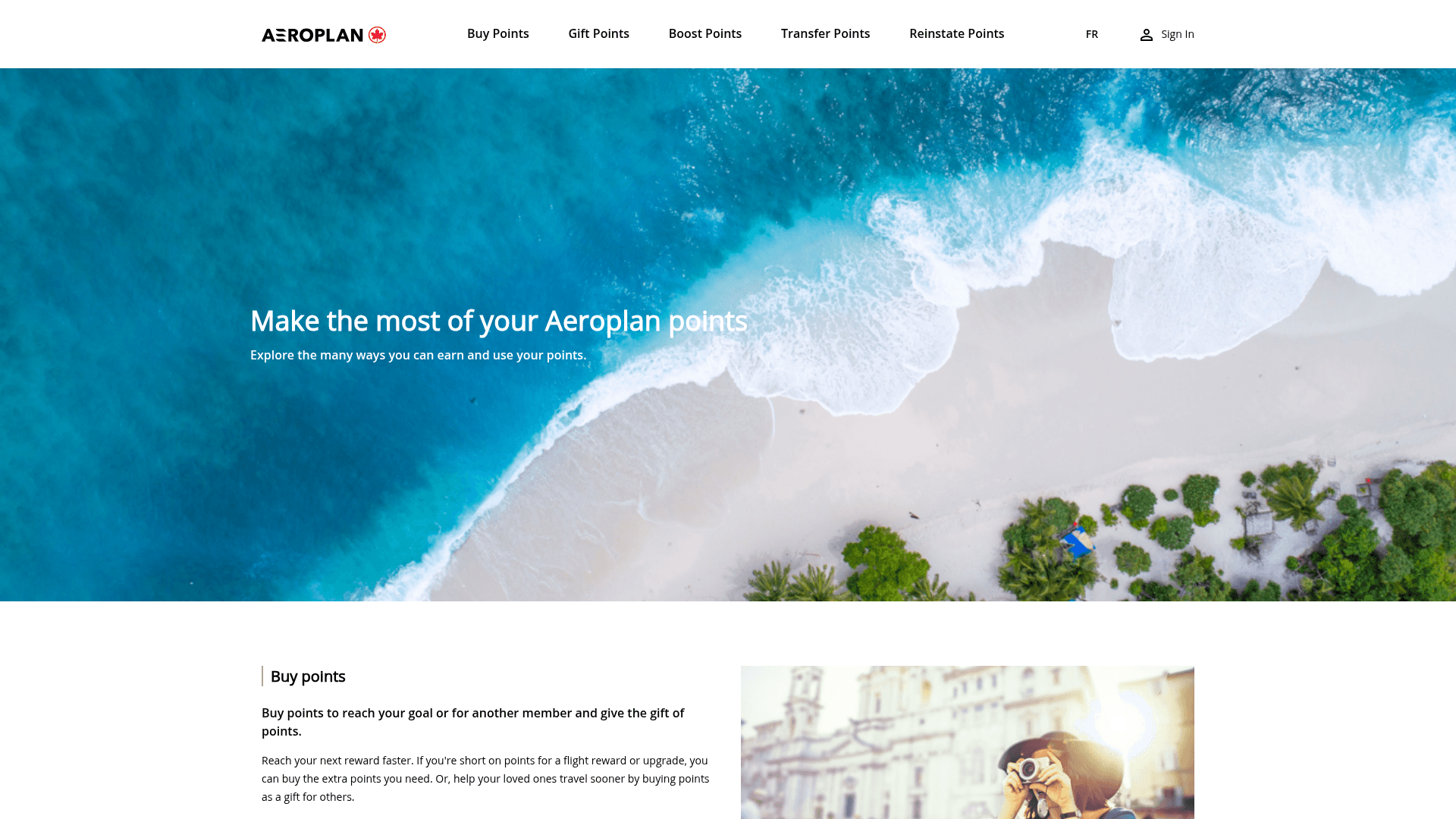 Page officielle d'achat de points Aéroplan, avec les onglets Acheter, Offrir, Multiplier, Transférer et Réactiver des points au-dessus d'une photo aérienne de plage