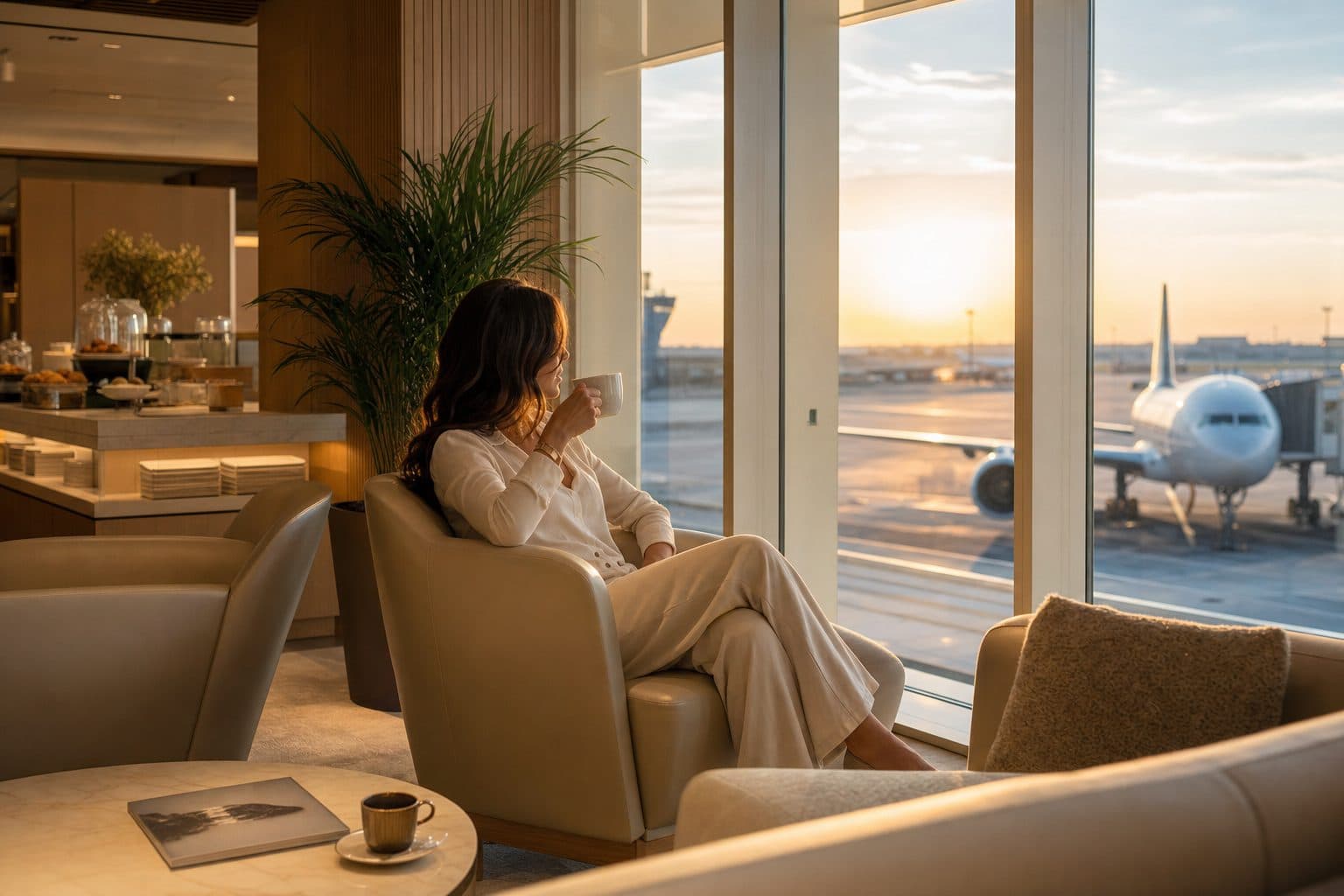 Traveller sipping coffee in an airport lounge armchair, facing a window with a plane outside at sunset