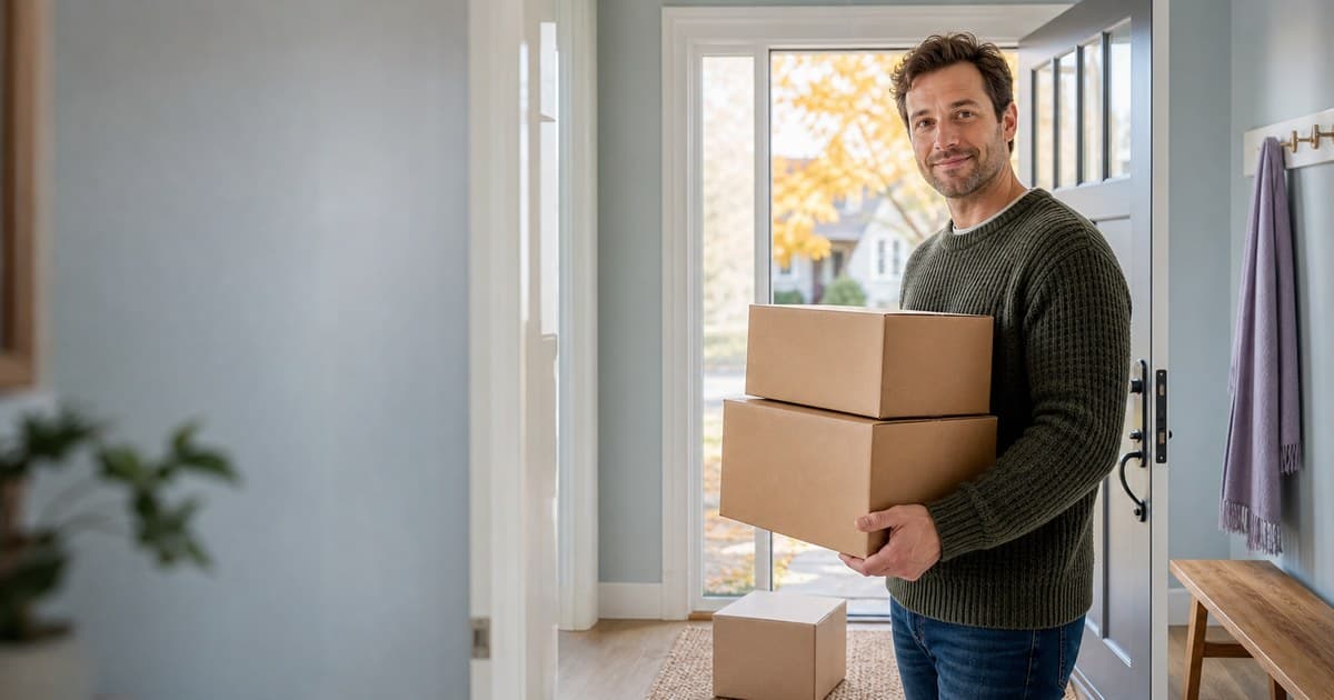 A man standing in the entryway of his home holds two delivered cardboard parcels, with a third one on the doormat.