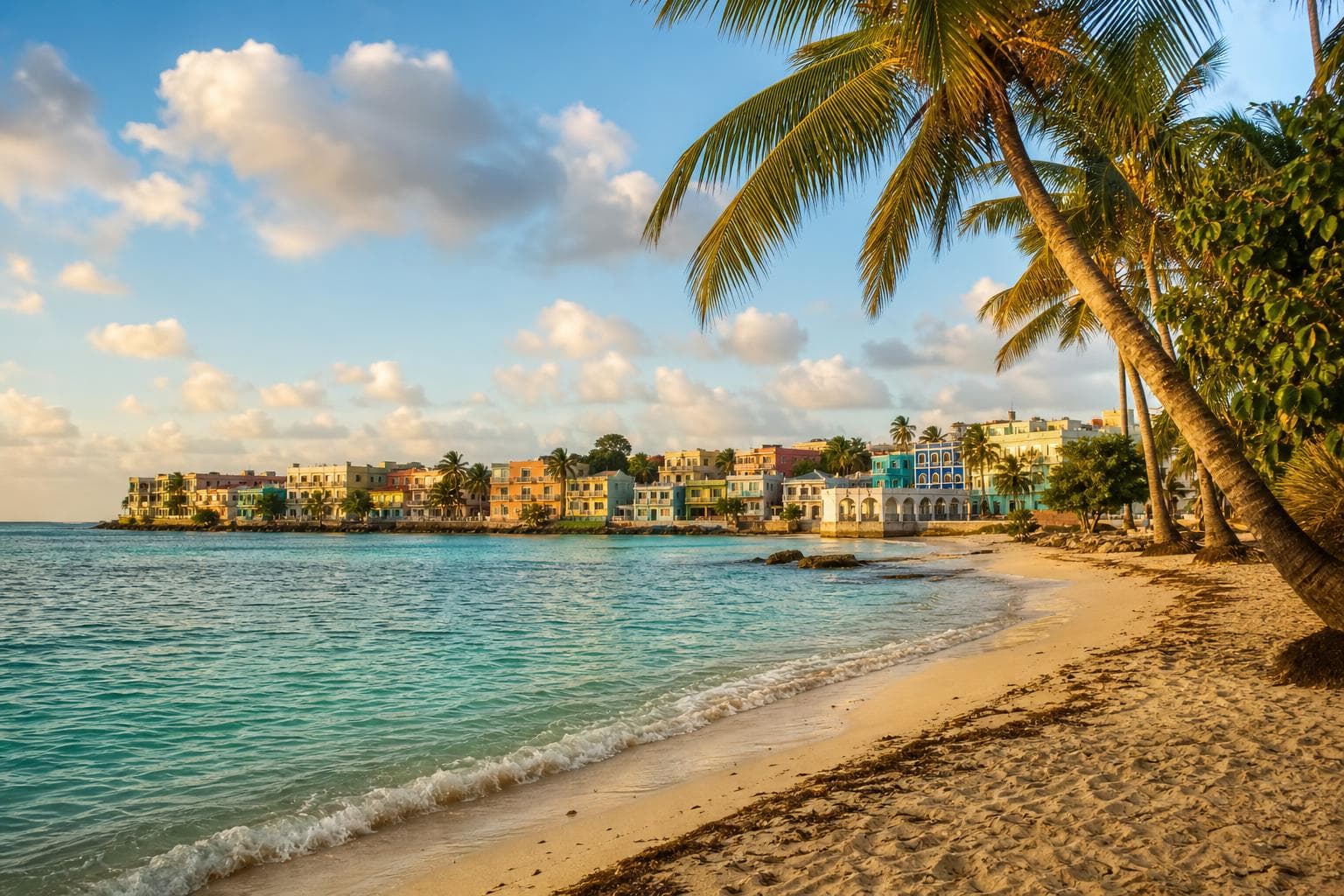 White sand beach lined with palm trees and turquoise sea, with a colourful coastal village, in Central America and the Caribbean.