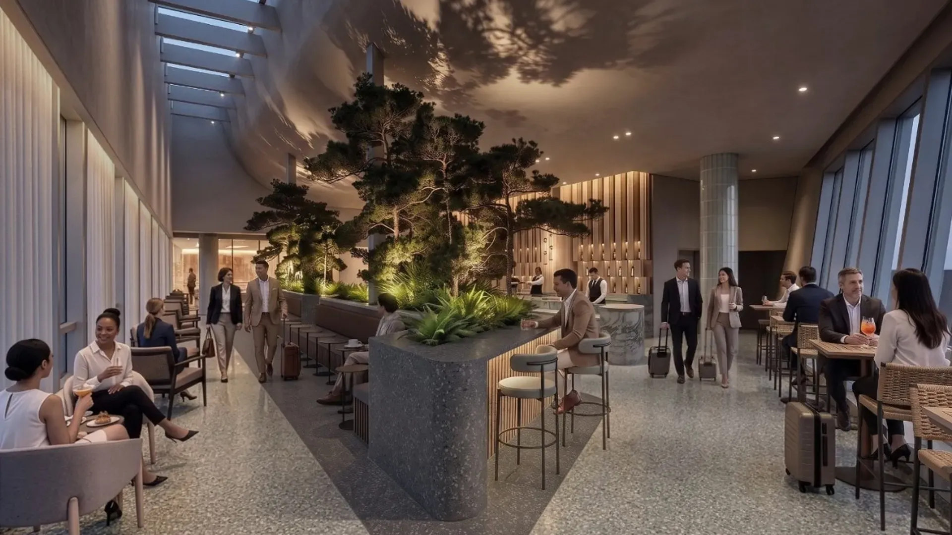 Rendu d'un vaste espace de salon d'aéroport sous un puits de lumière, avec une grande plante au centre, des murs aux tons de bois et des voyageurs assis