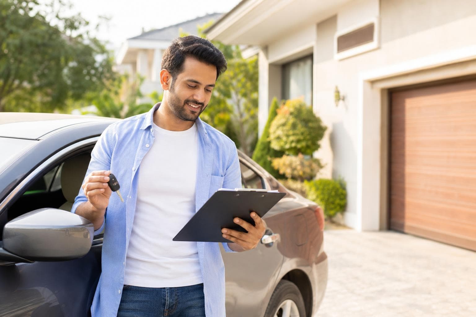 Un homme debout près de sa voiture, clés à la main, consulte un document d'assurance sur une planchette à pince, devant une maison.