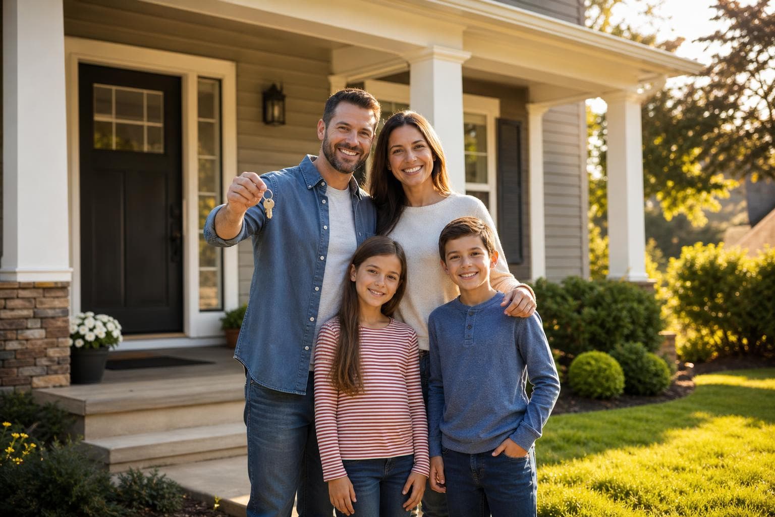 Une famille de quatre personnes souriante devant leur maison de banlieue, le père tenant les clés de la porte d'entrée.