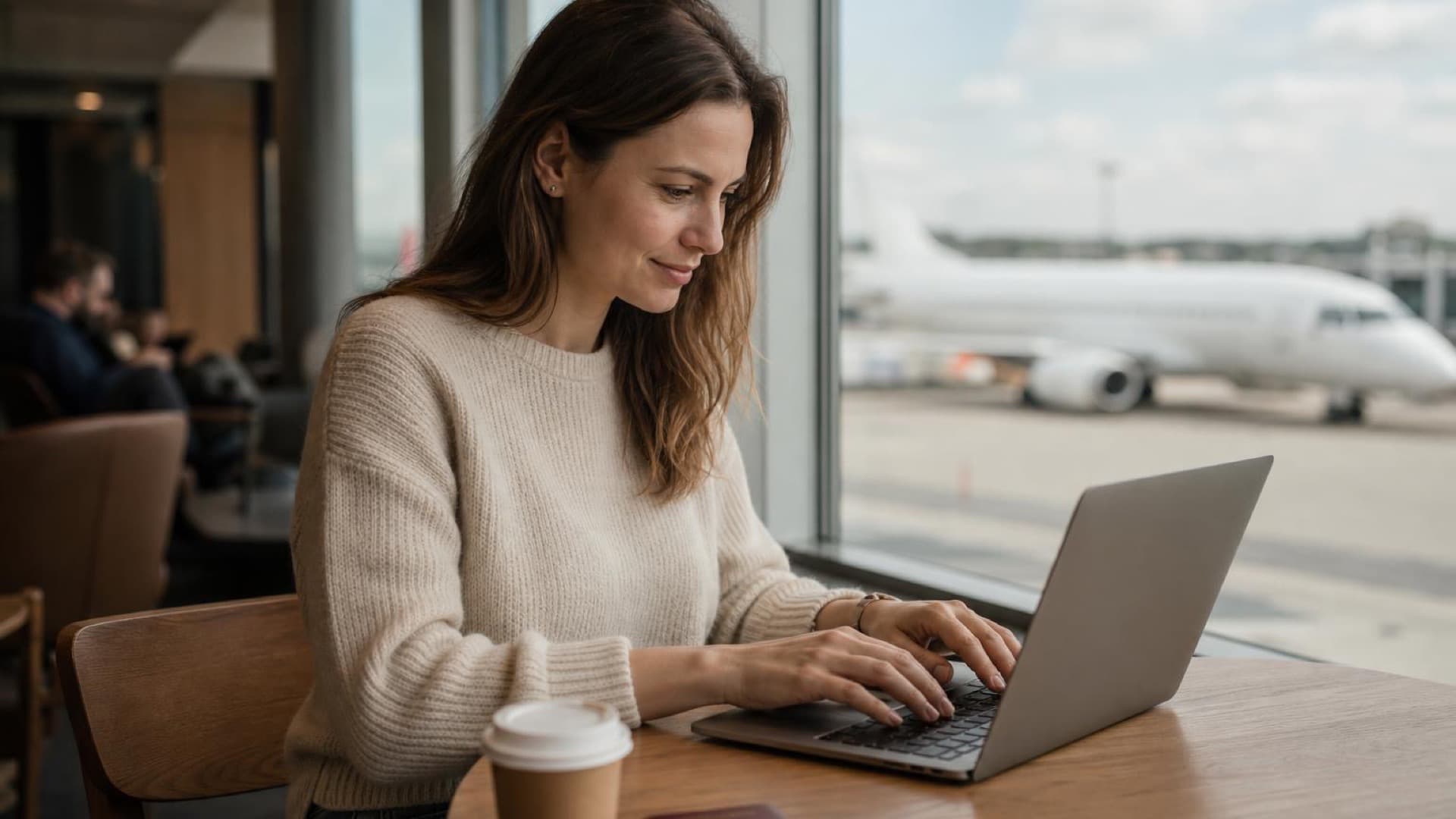 Voyageuse en chandail crème qui travaille sur son ordinateur portable à une table de bois, dans une salle d'embarquement, avec un café et un avion visible par la fenêtre.