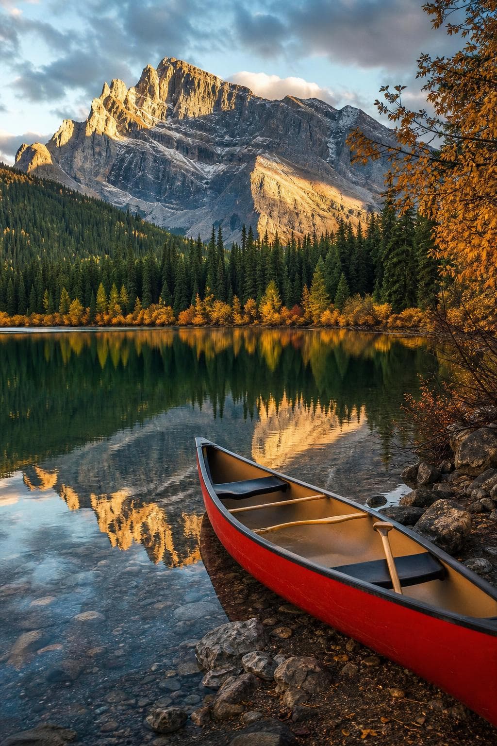 Un canot rouge posé sur la rive d'un lac calme, forêt de conifères et montagnes en arrière-plan, lumière dorée d'automne, au Canada.