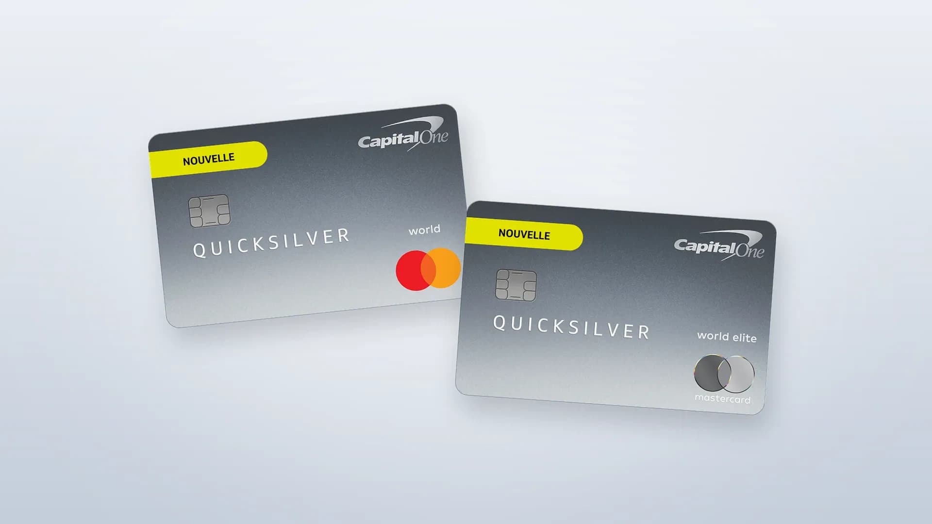 Les cartes Quicksilver World Mastercard et Quicksilver World Elite Mastercard de Capital One, avec la pastille « Nouvelle »