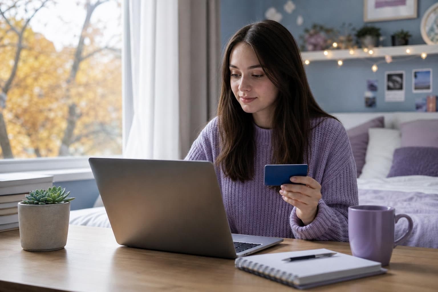 A young student at her desk holds a credit card while looking at her laptop in a bright bedroom in autumn