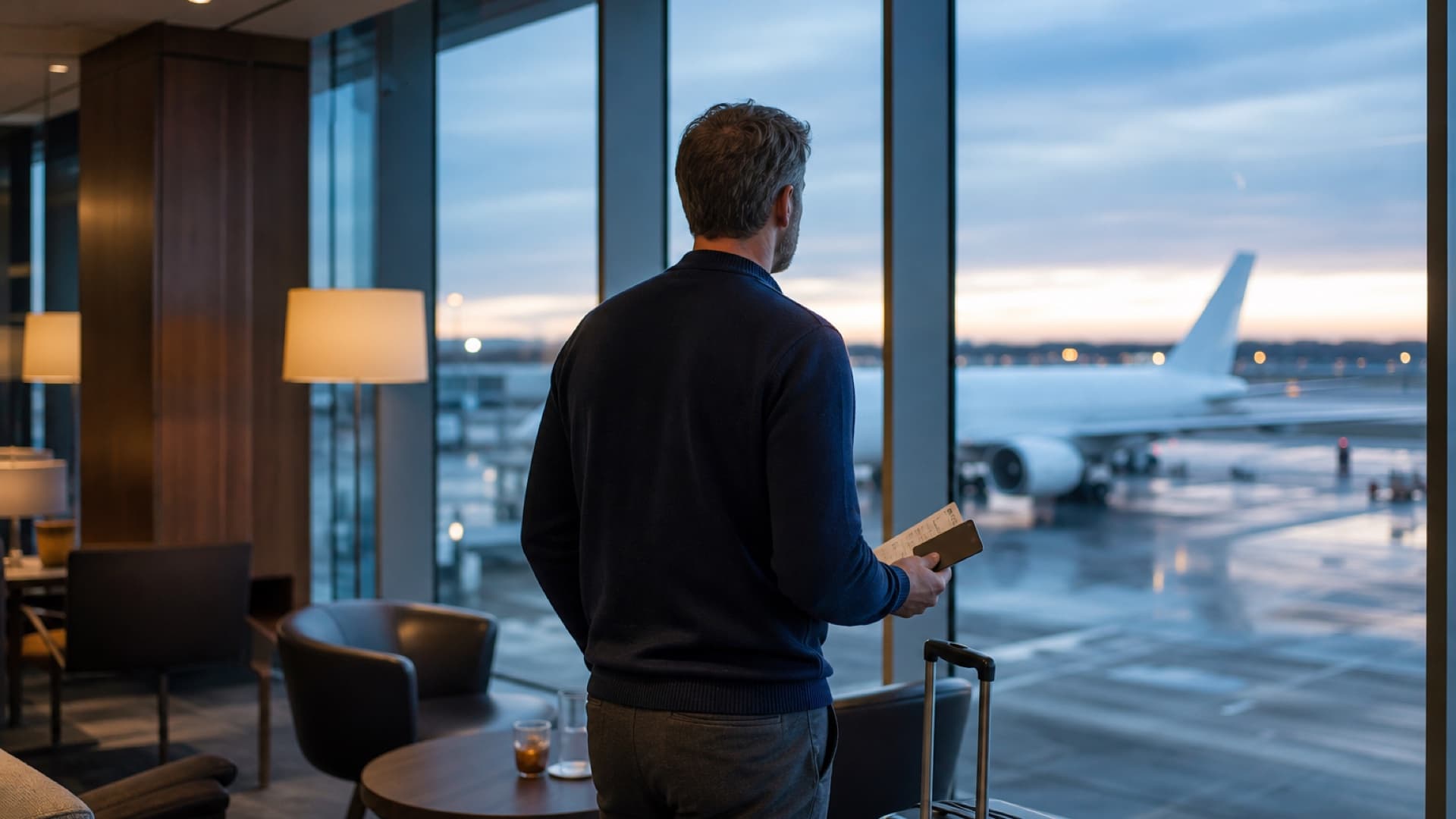 Traveller standing at the window of an airport lounge at dusk, holding a boarding pass and a payment card, carry-on suitcase beside him, with a widebody aircraft on the wet tarmac