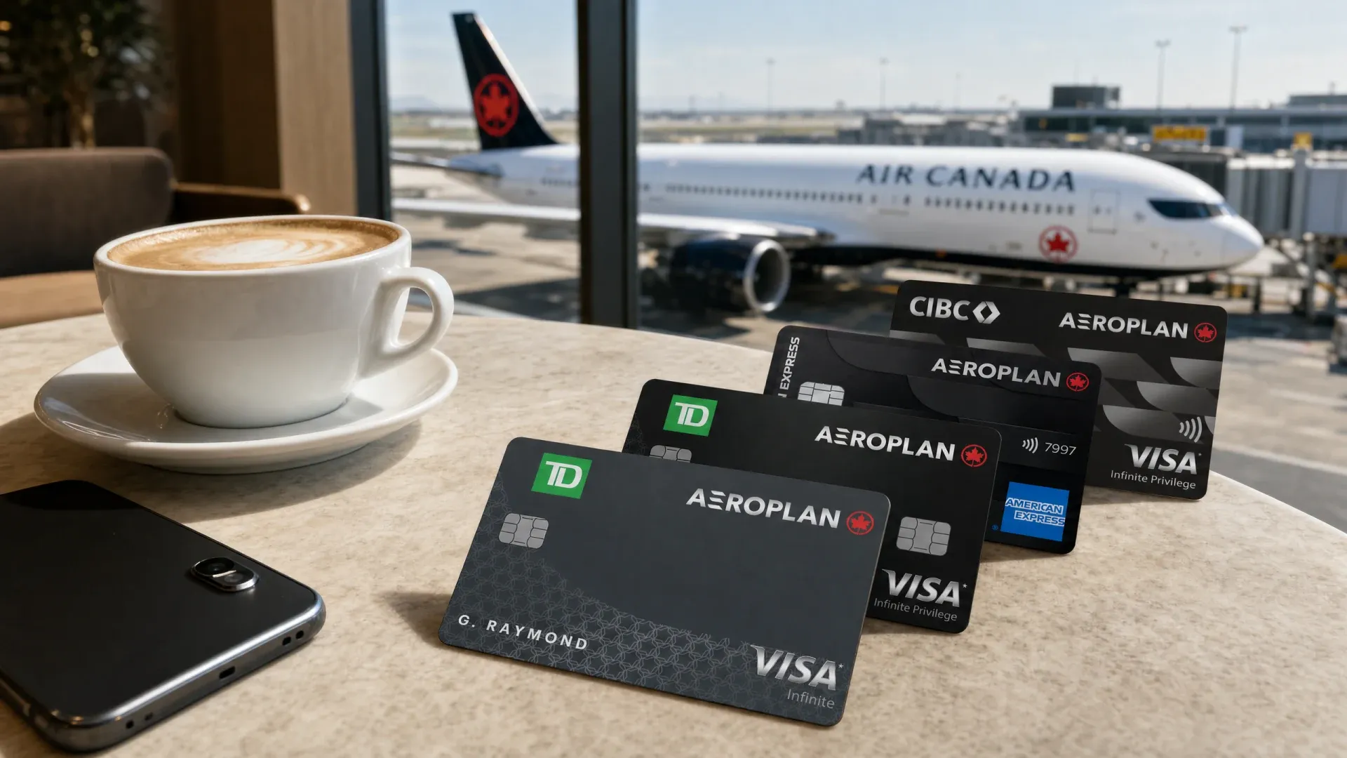 Cartes Visa Infinite TD Aéroplan, Visa Infinite Privilège TD Aéroplan, Prestige Aéroplan American Express et CIBC Visa Infinite Privilege Aéroplan posées sur une table de salon d'aéroport, à côté d'un cappuccino, avec un avion d'Air Canada à la porte en arrière-plan
