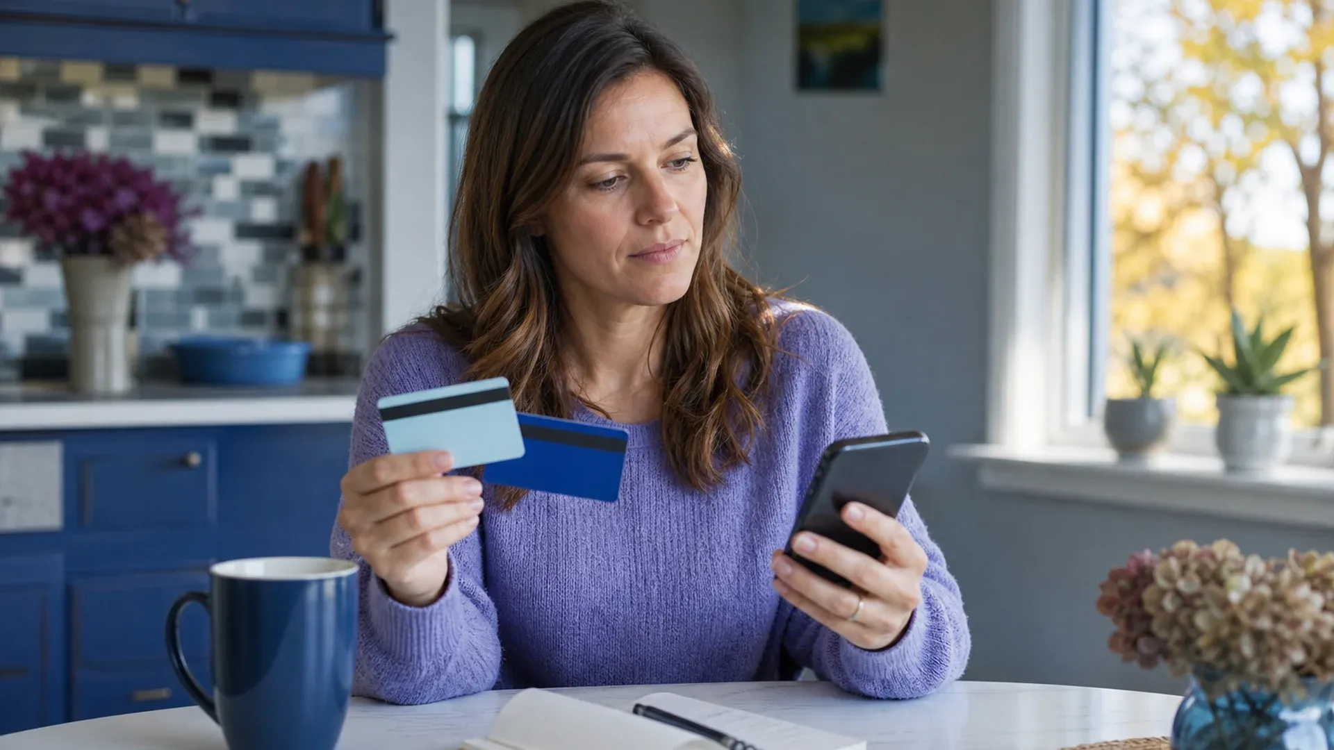 Woman sitting at her kitchen table comparing two debit cards while checking her phone, with a mug and a notebook in front of her