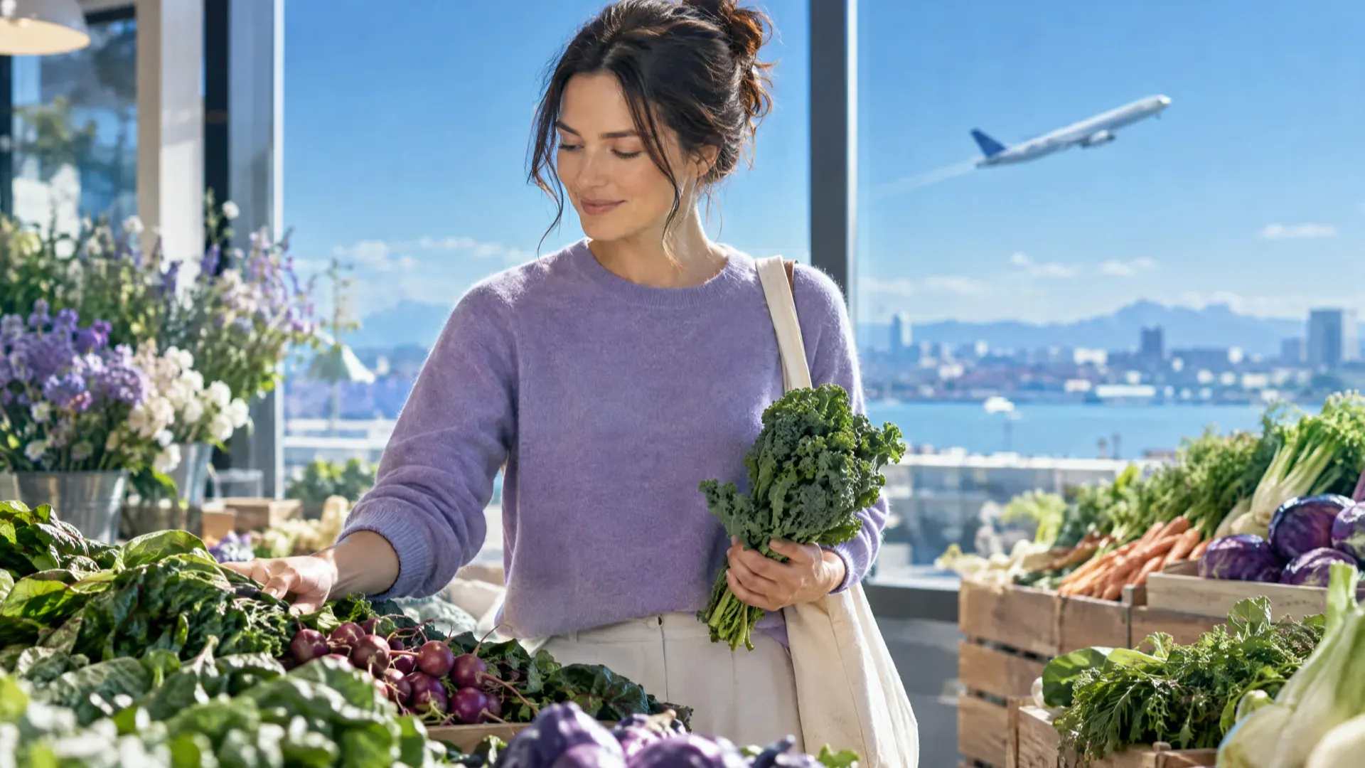 Femme choisissant des légumes frais dans un marché lumineux, avec un avion qui décolle dans le ciel bleu en arrière-plan
