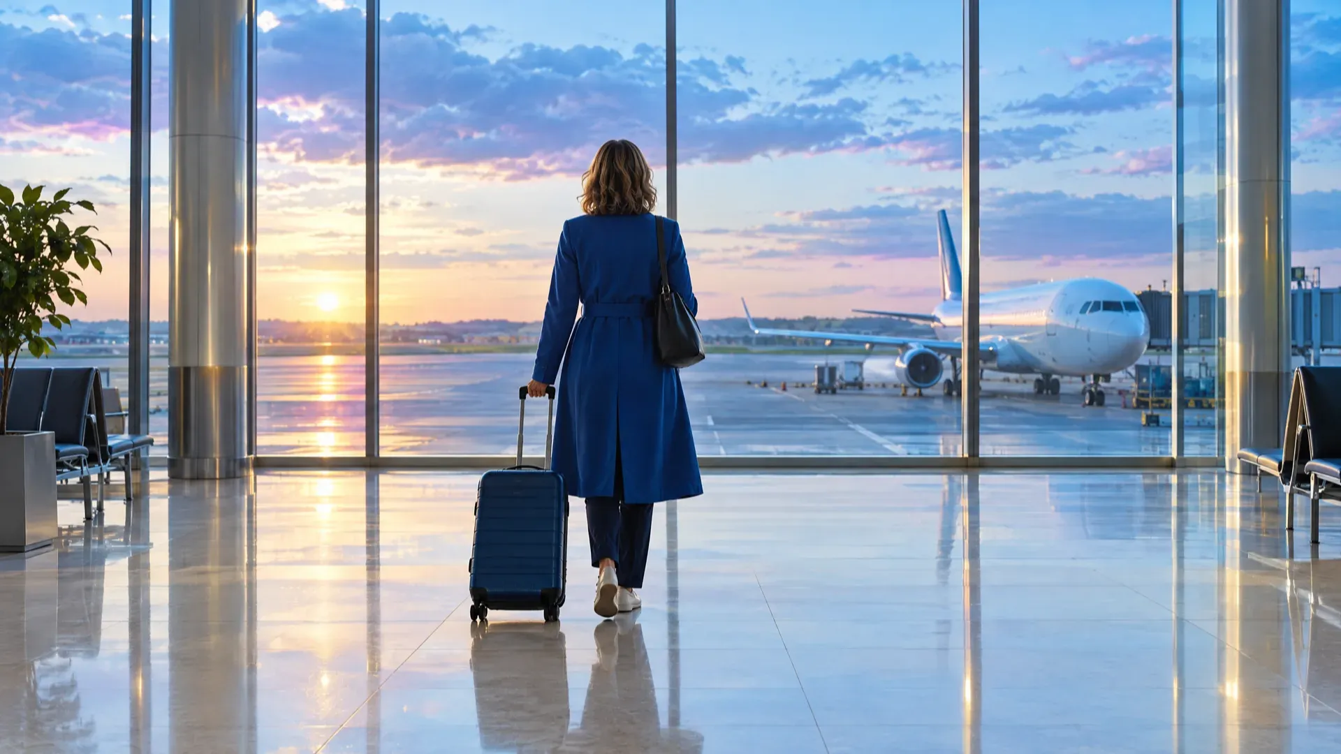 Une voyageuse avec une valise à roulettes marche vers les grandes fenêtres d'un terminal d'aéroport, un avion stationné sur le tarmac au coucher du soleil
