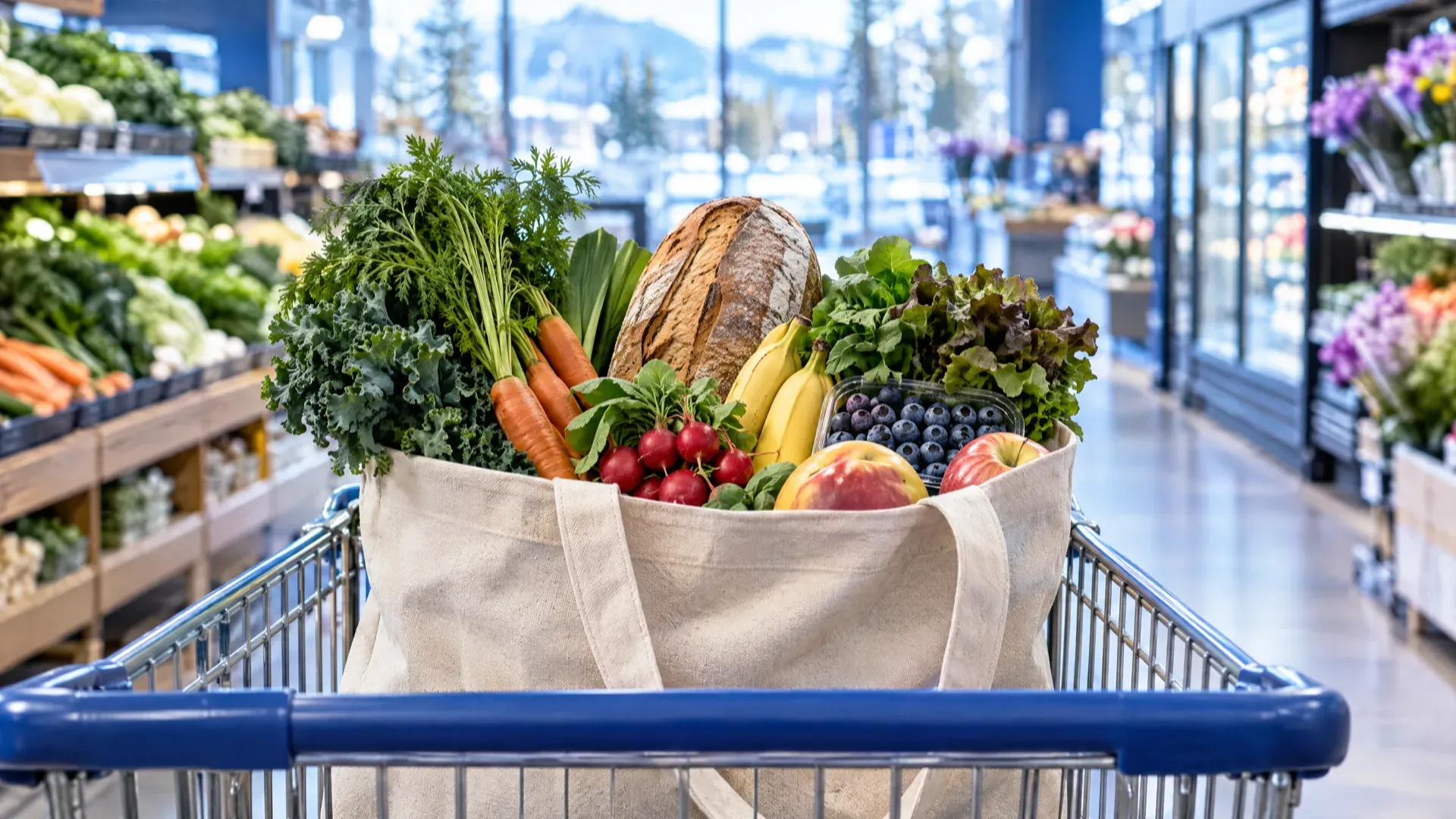 Sac d'épicerie réutilisable rempli de légumes, de pain et de fruits dans un panier d'épicerie / Reusable grocery bag full of vegetables, bread and fruit in a shopping cart
