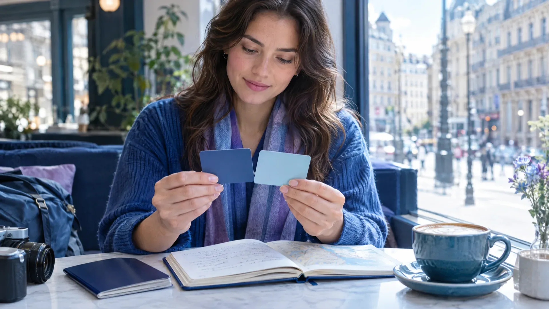 Une voyageuse compare deux cartes de paiement vierges au-dessus d'un carnet de voyage, à une table de café près d'une fenêtre donnant sur une rue de ville