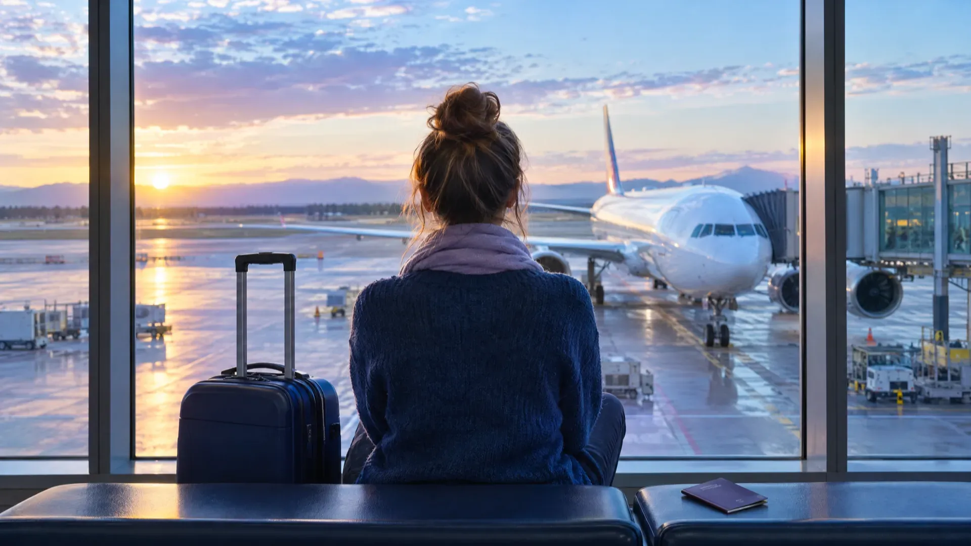 Voyageuse assise de dos devant la baie vitrée d'un terminal d'aéroport au coucher du soleil, une valise à ses côtés, face à un avion stationné