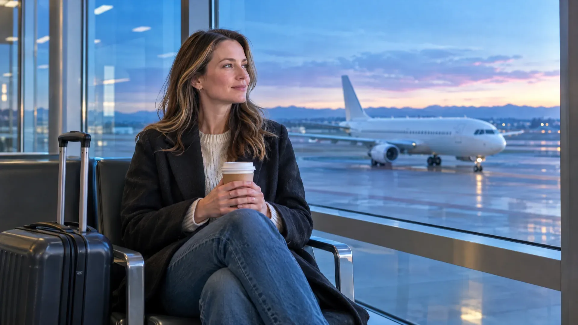 Voyageuse assise près d'une baie vitrée d'aérogare, café à la main, qui regarde un avion blanc circuler sur le tarmac à l'aube