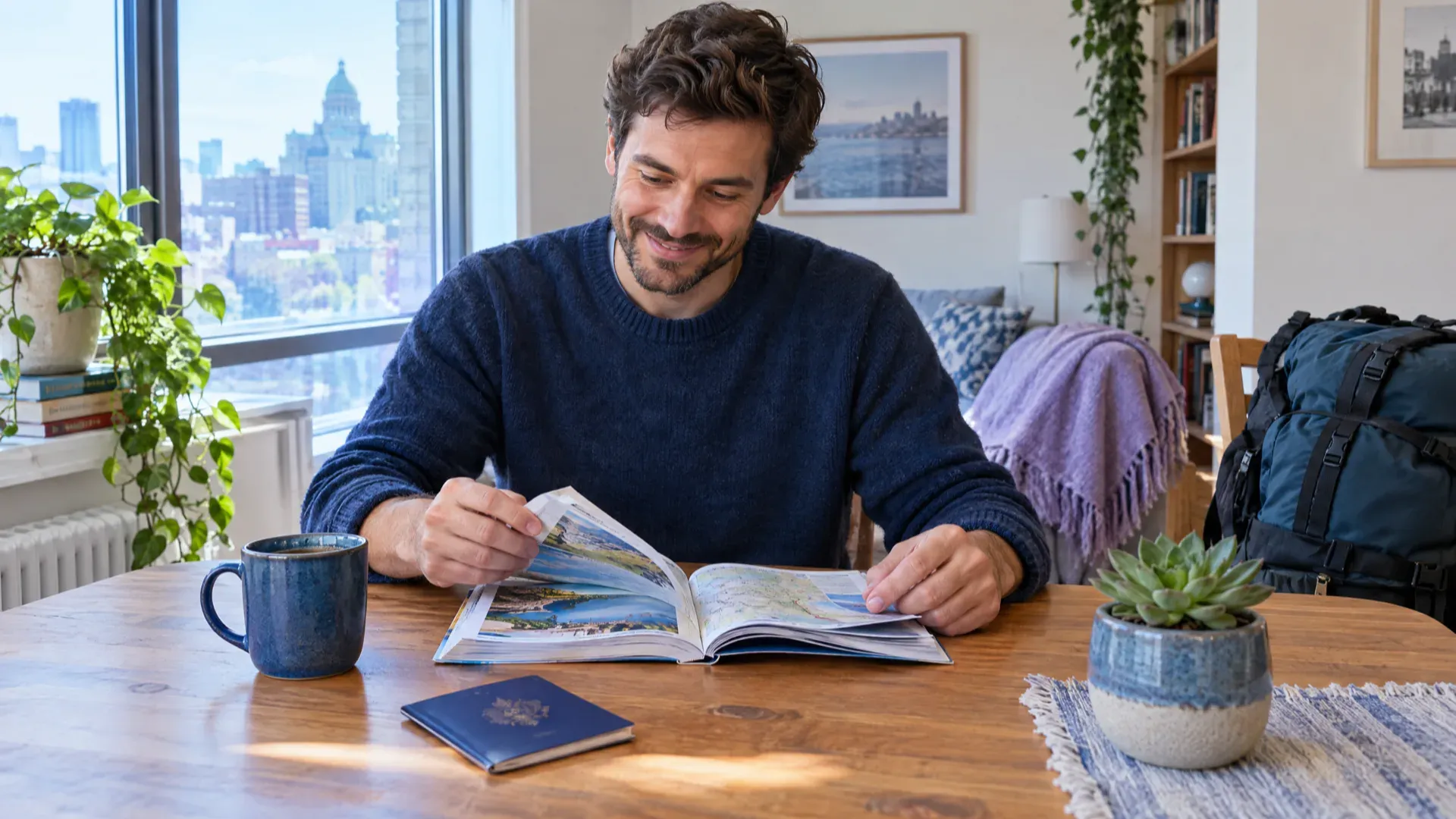 Homme souriant qui feuillette un guide de voyage à une table de cuisine, avec un passeport, une tasse de café et un sac de voyage