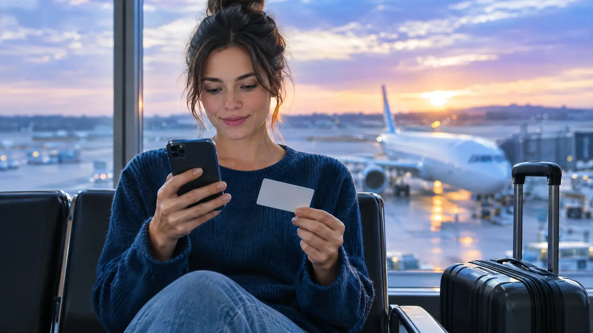 Une voyageuse assise près de la fenêtre d'une porte d'embarquement tient un téléphone et une carte de paiement vierge, avec un avion sur le tarmac au coucher du soleil