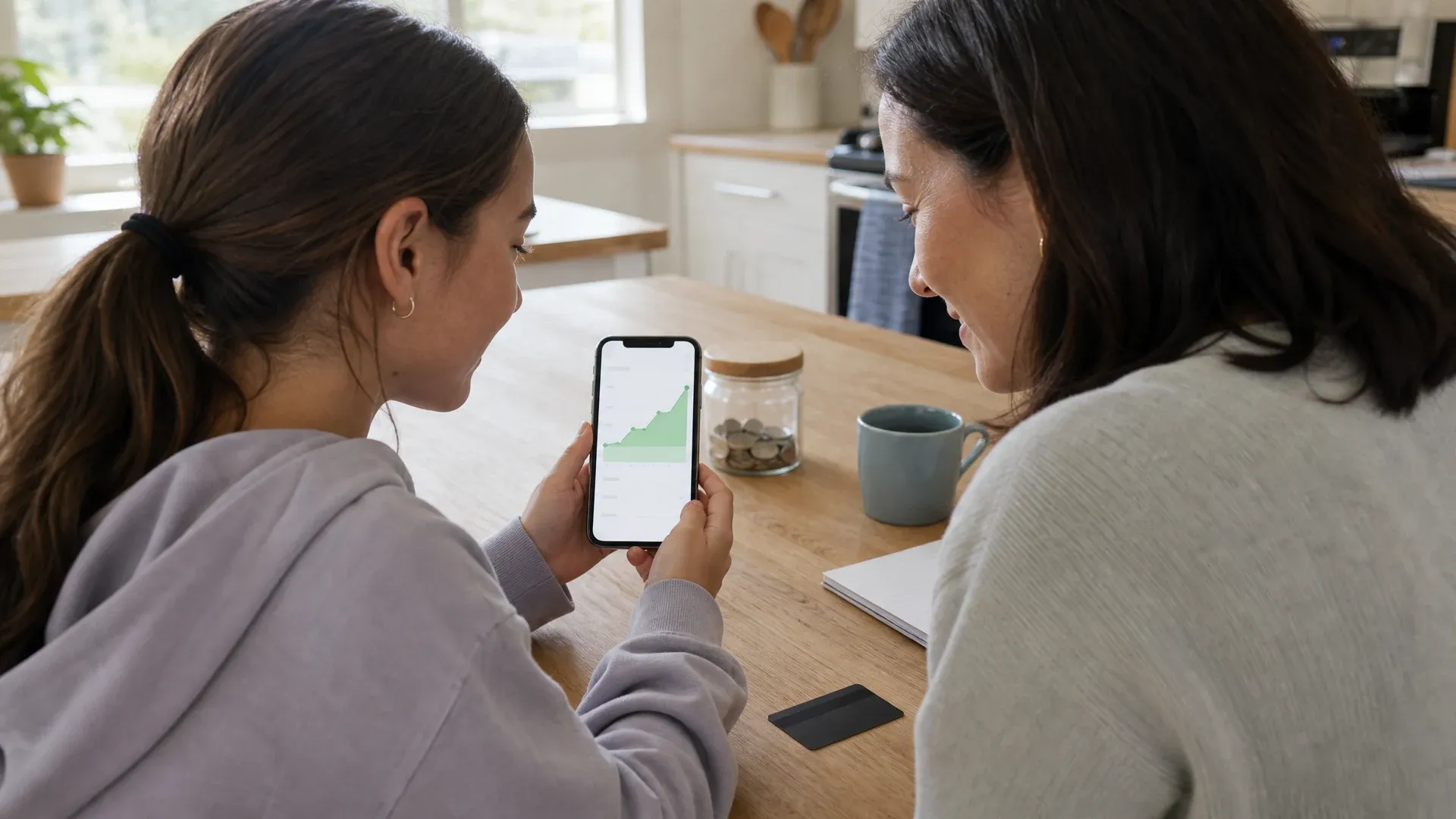 A teenage girl and her mother look at a savings chart on a smartphone at a kitchen table, with a coin jar and a prepaid card lying face down
