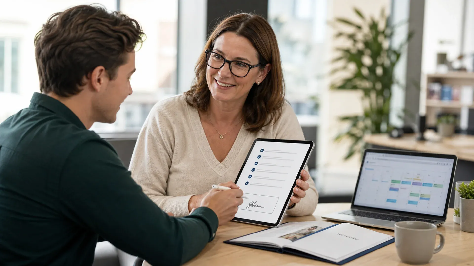 Gestionnaire RH accueillant une nouvelle recrue qui signe électroniquement sa liste d'intégration sur une tablette, avec un calendrier des congés sur l'ordinateur portable
