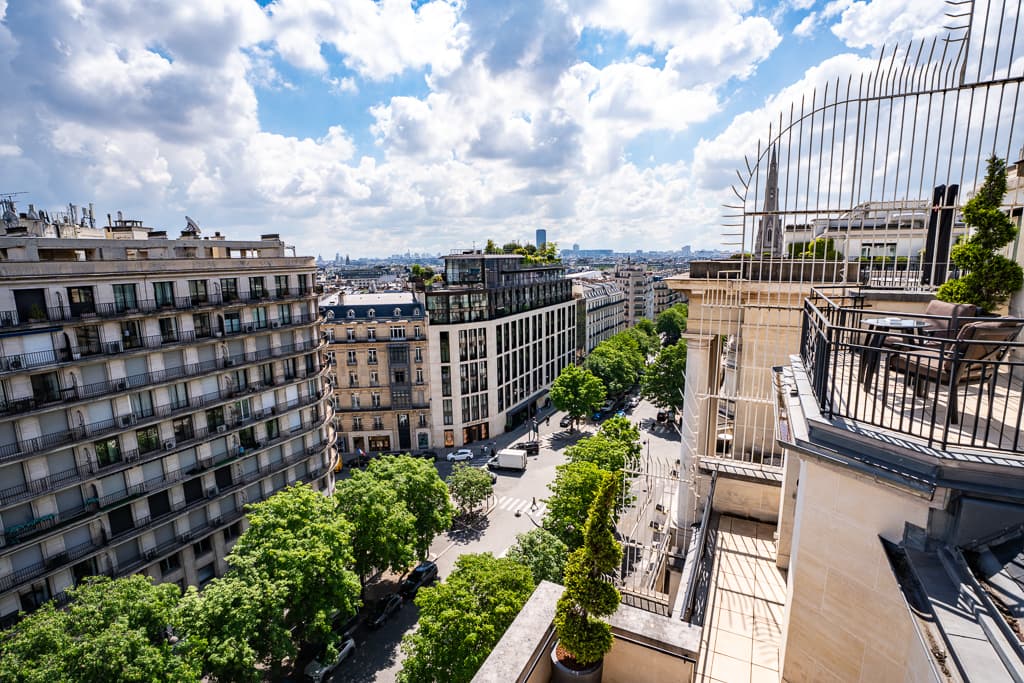 View over the Paris rooftops from a terrace at the Prince de Galles, in the 8th arrondissement