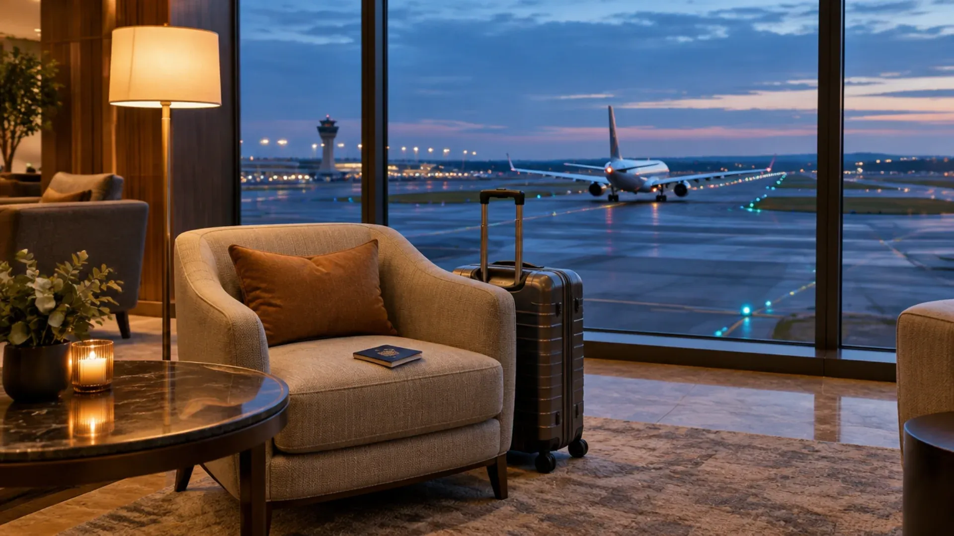 Fauteuil et valise dans un salon d'hôtel au crépuscule, avec un avion de ligne qui circule sur la piste derrière la baie vitrée