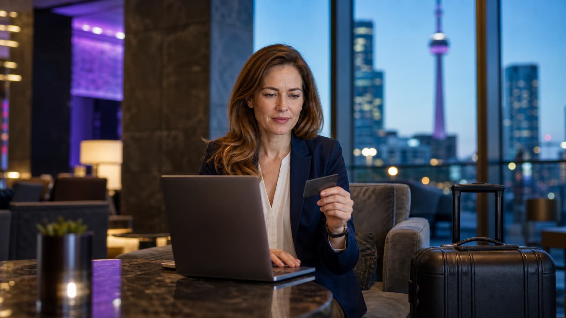 Une femme d'affaires dans le hall d'un hôtel tient une carte de paiement foncée devant son ordinateur portable, une valise à roulettes à côté d'elle et le centre-ville de Toronto au crépuscule par la fenêtre.