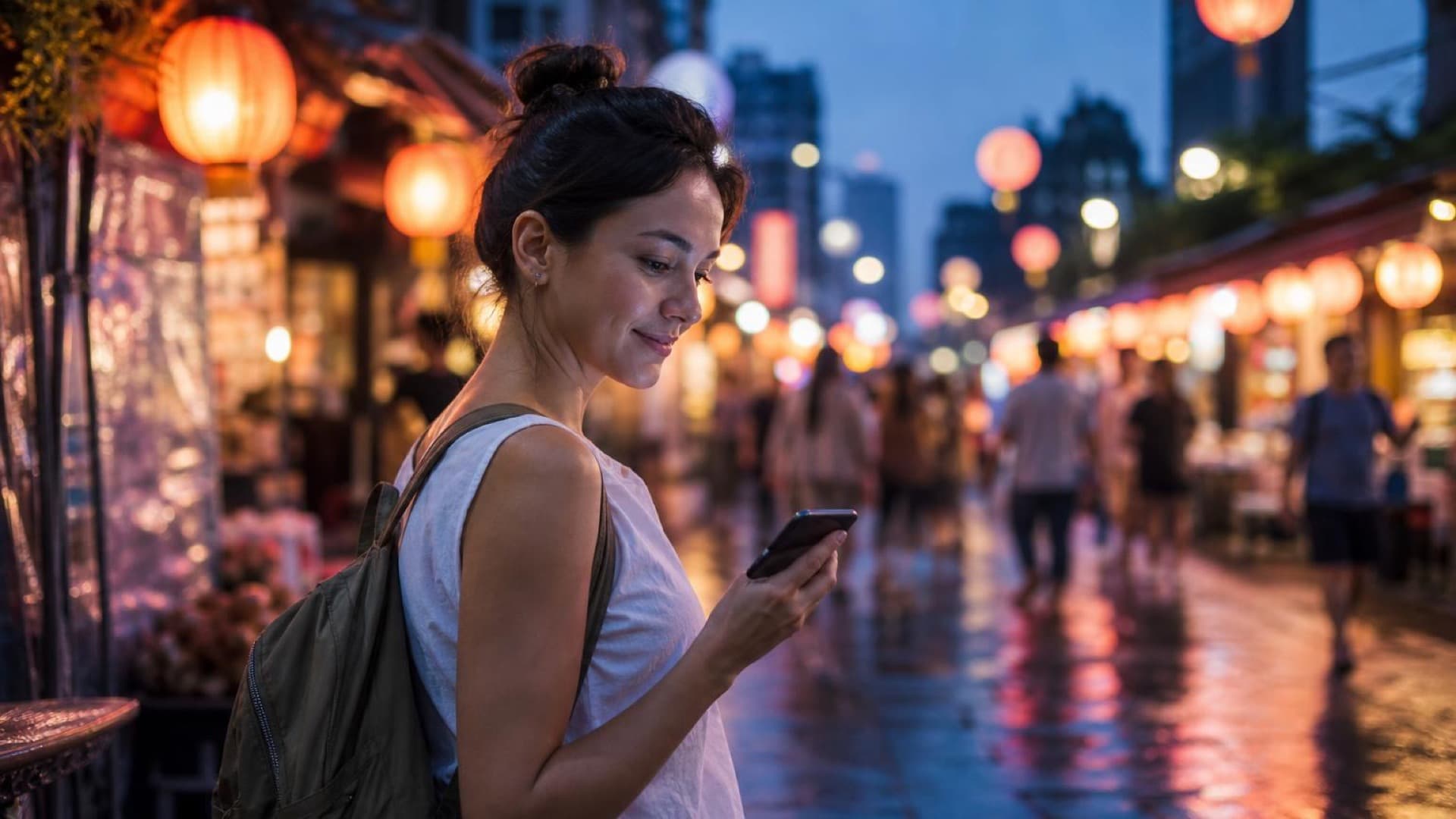 Voyageuse souriante qui consulte son téléphone dans une rue de marché de nuit éclairée de lanternes, à Taipei