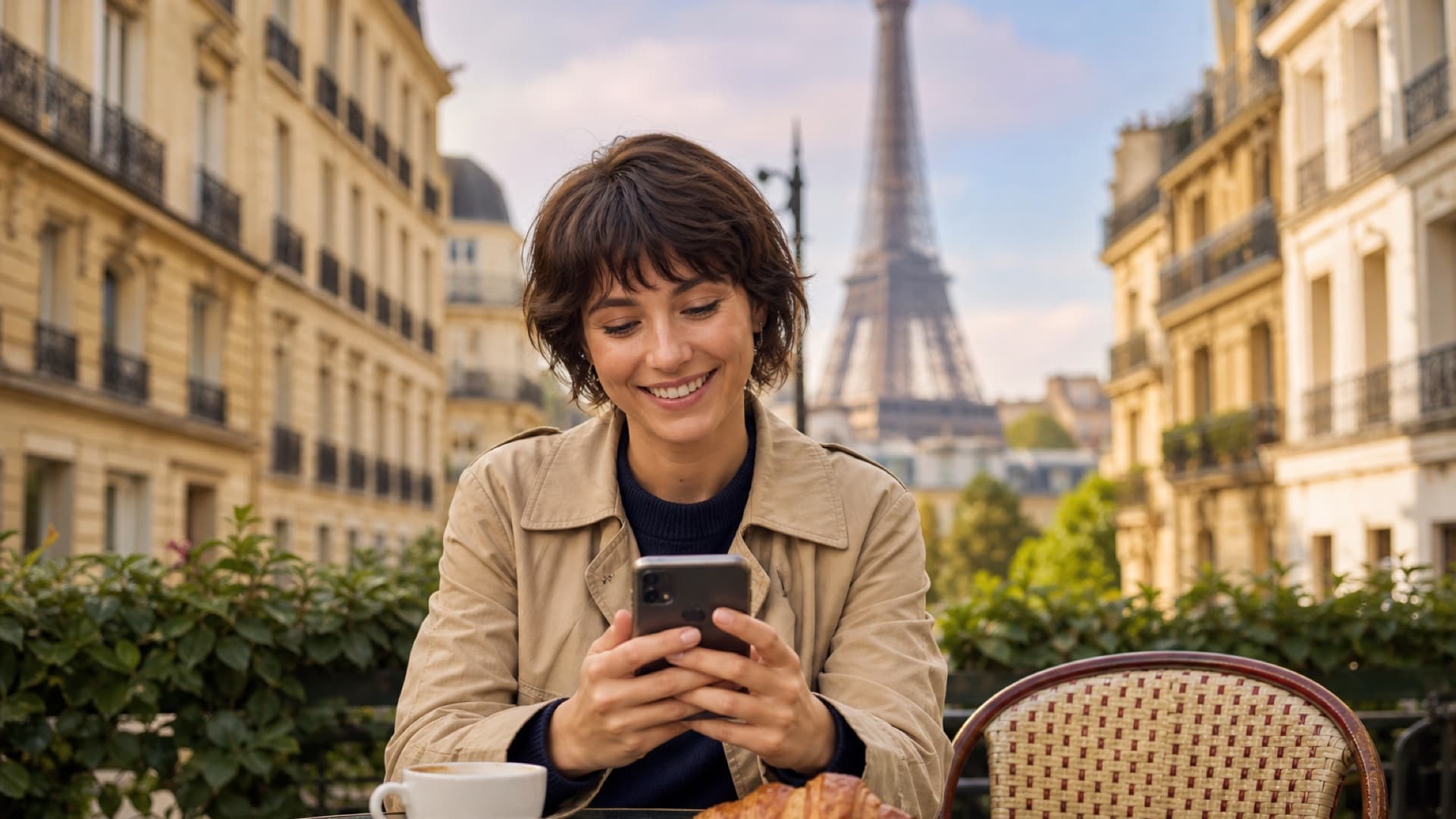 Smiling traveller checking her phone on a Paris café terrace, with the Eiffel Tower in the background