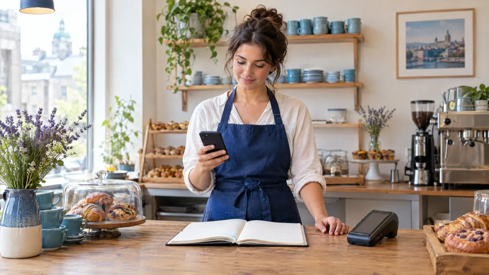 Propriétaire d'un café-boulangerie en tablier bleu qui consulte ses finances sur son téléphone derrière un comptoir de bois