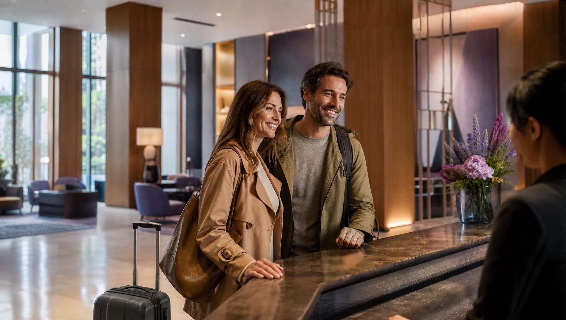 Couple souriant avec une valise à roulettes, accoudé au comptoir de la réception d’un hall d’hôtel moderne aux boiseries claires et aux touches violettes